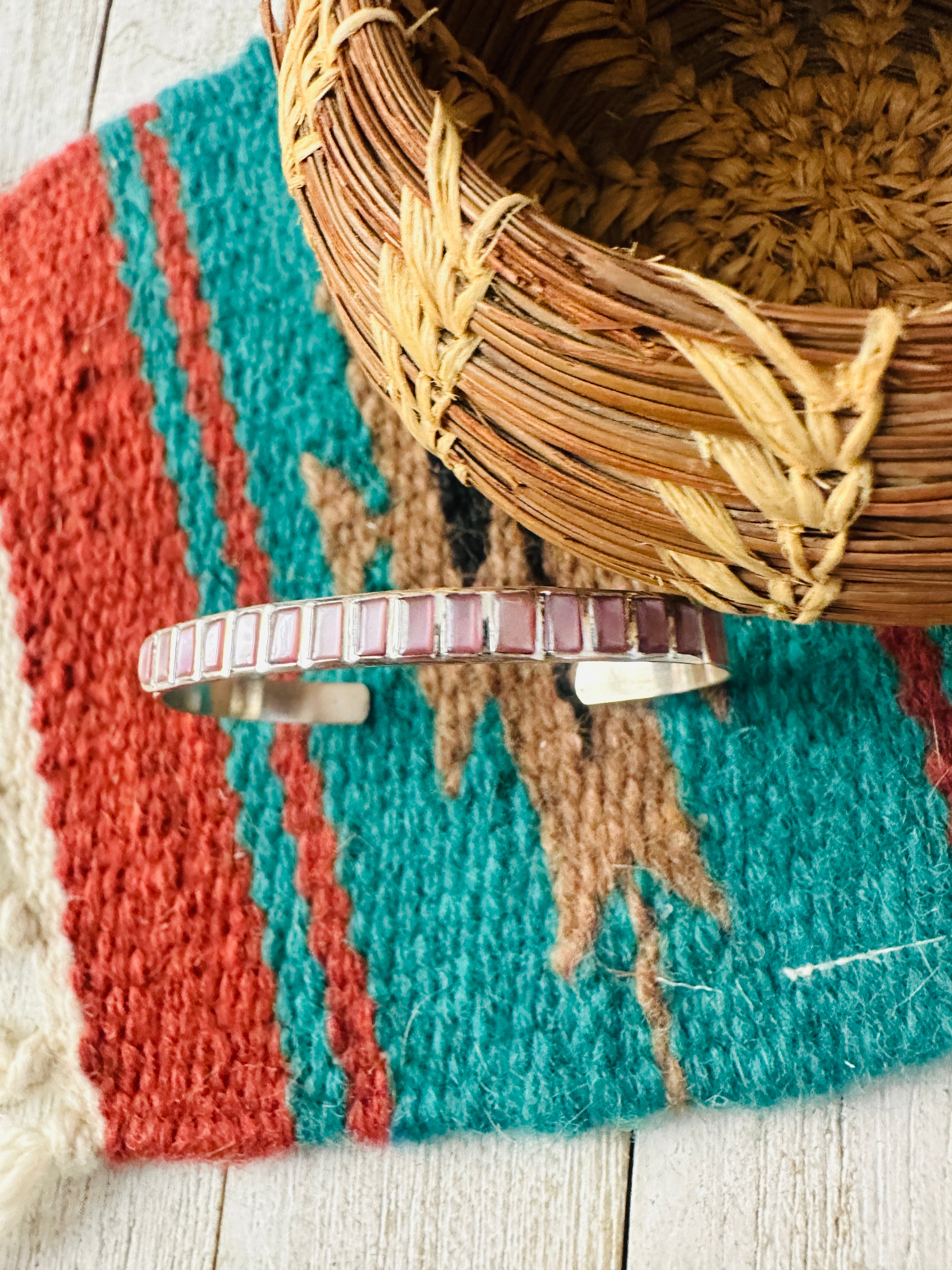 Mother of Pearl & Sterling Silver Inlay Cuff Bracelet /