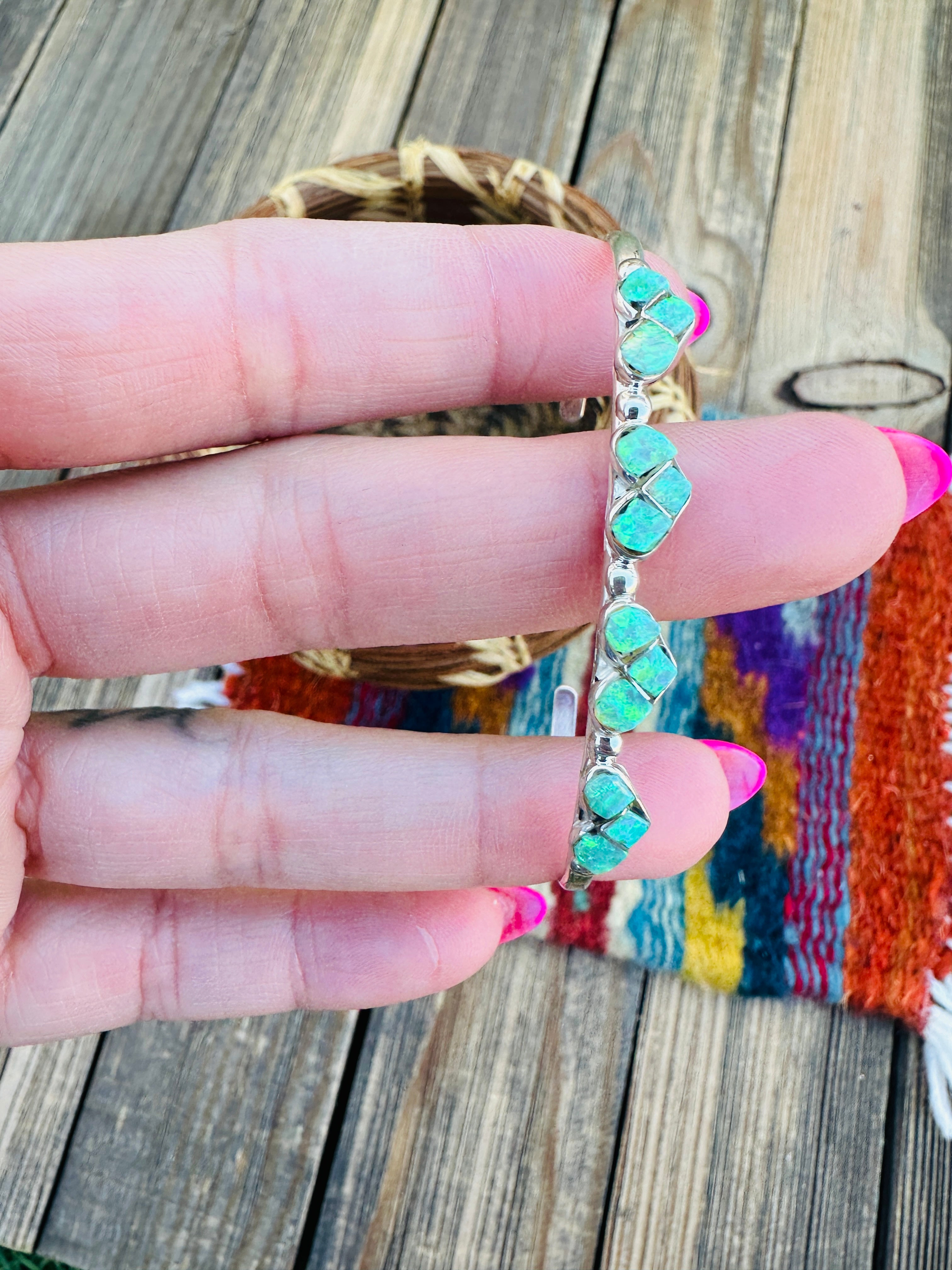 Handcrafted Sterling Silver & Green Opal Heart Inlay Cuff Bracelet