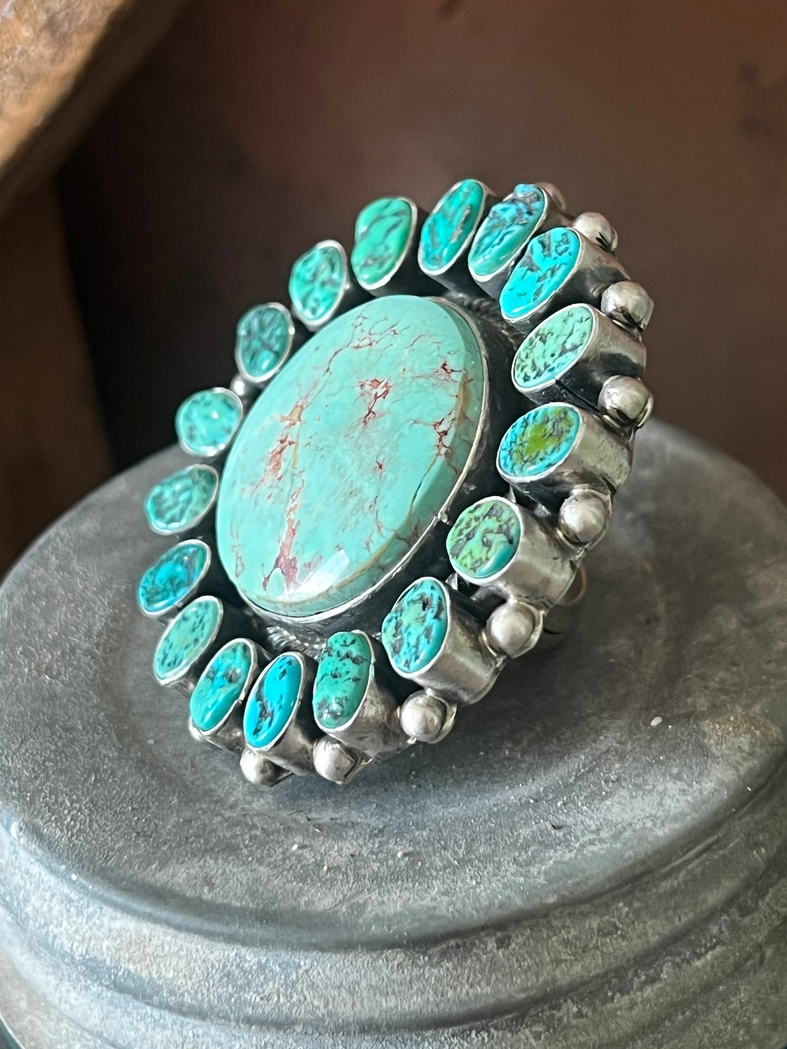 Handcrafted Sterling Silver Around The World Kingman Cluster Ring by Blaine Yellowhorse, Size 7.5