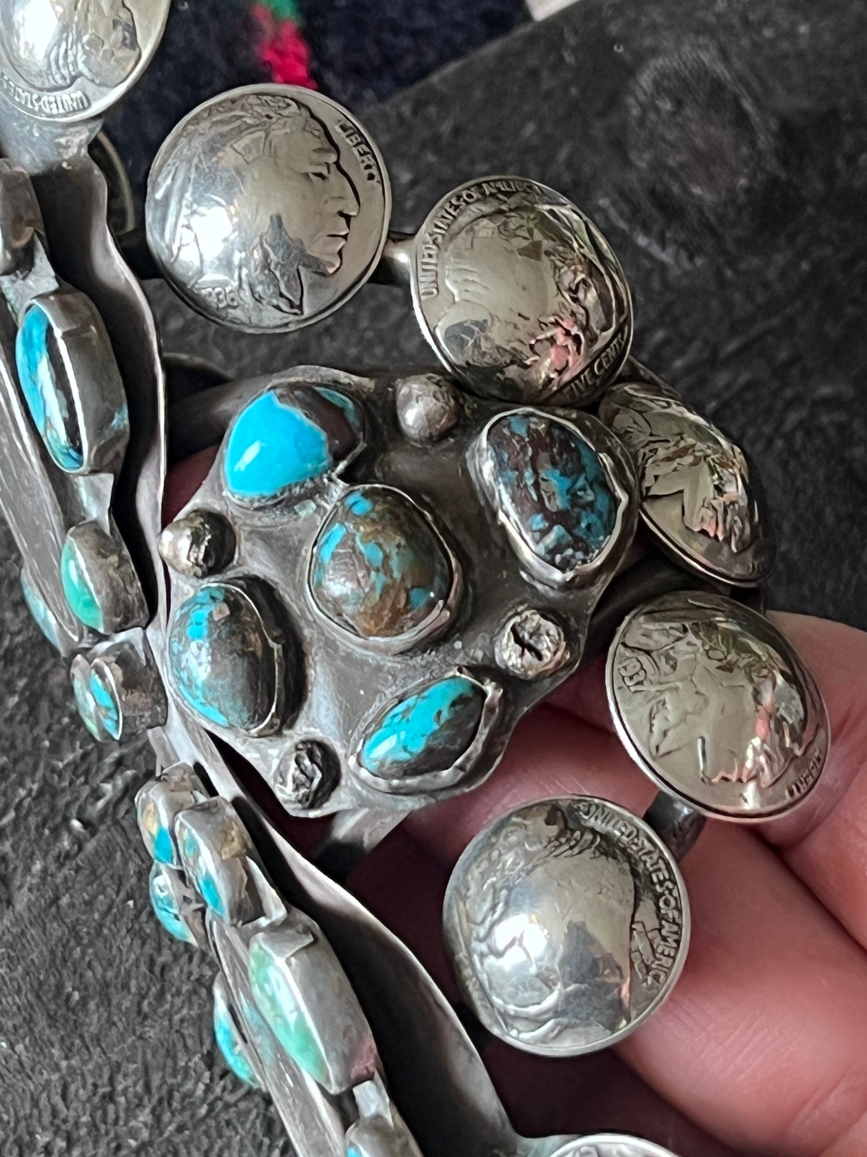 Insane Old Pawn Sterling Silver, Morgan Dollar, Buffalo Nickel and Turquoise Cuff Bracelet