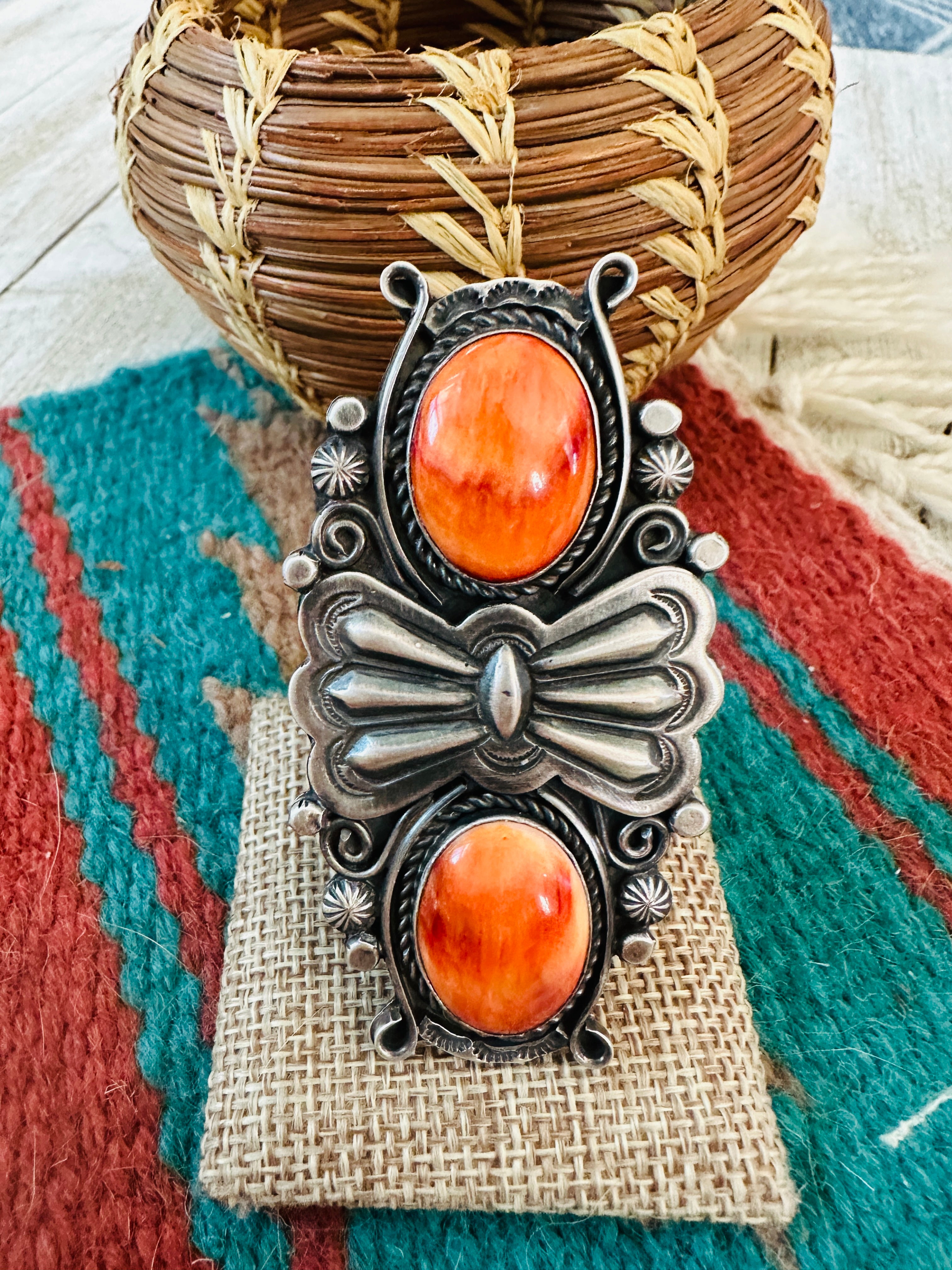 Handcrafted Orange Spiny Oyster & Sterling Silver Ring by Rosella Paxson, Size 9