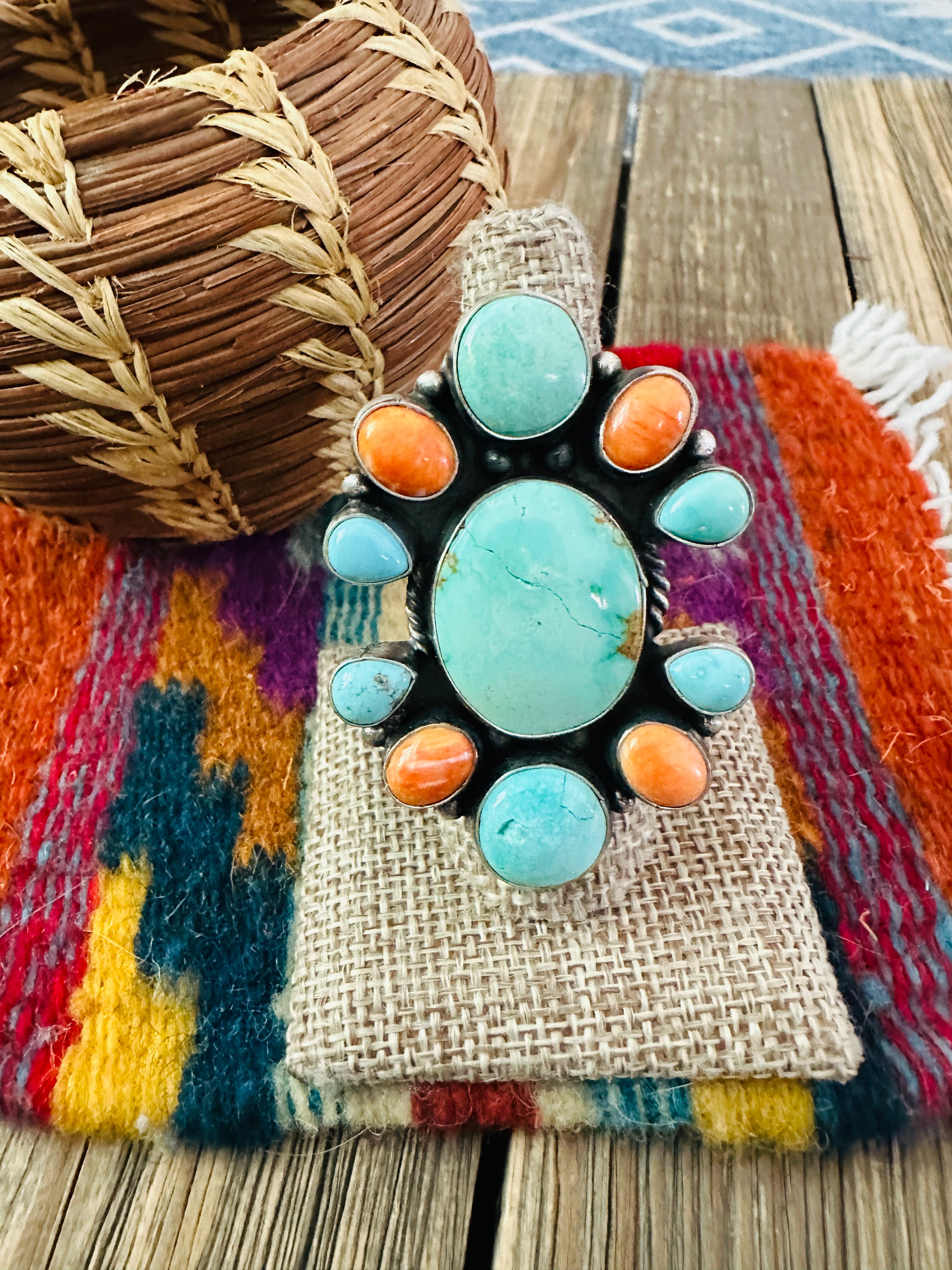 Handcrafted Spiny, Turquoise & Sterling Silver Cluster Ring Size 8.5 by Sheila Becenti