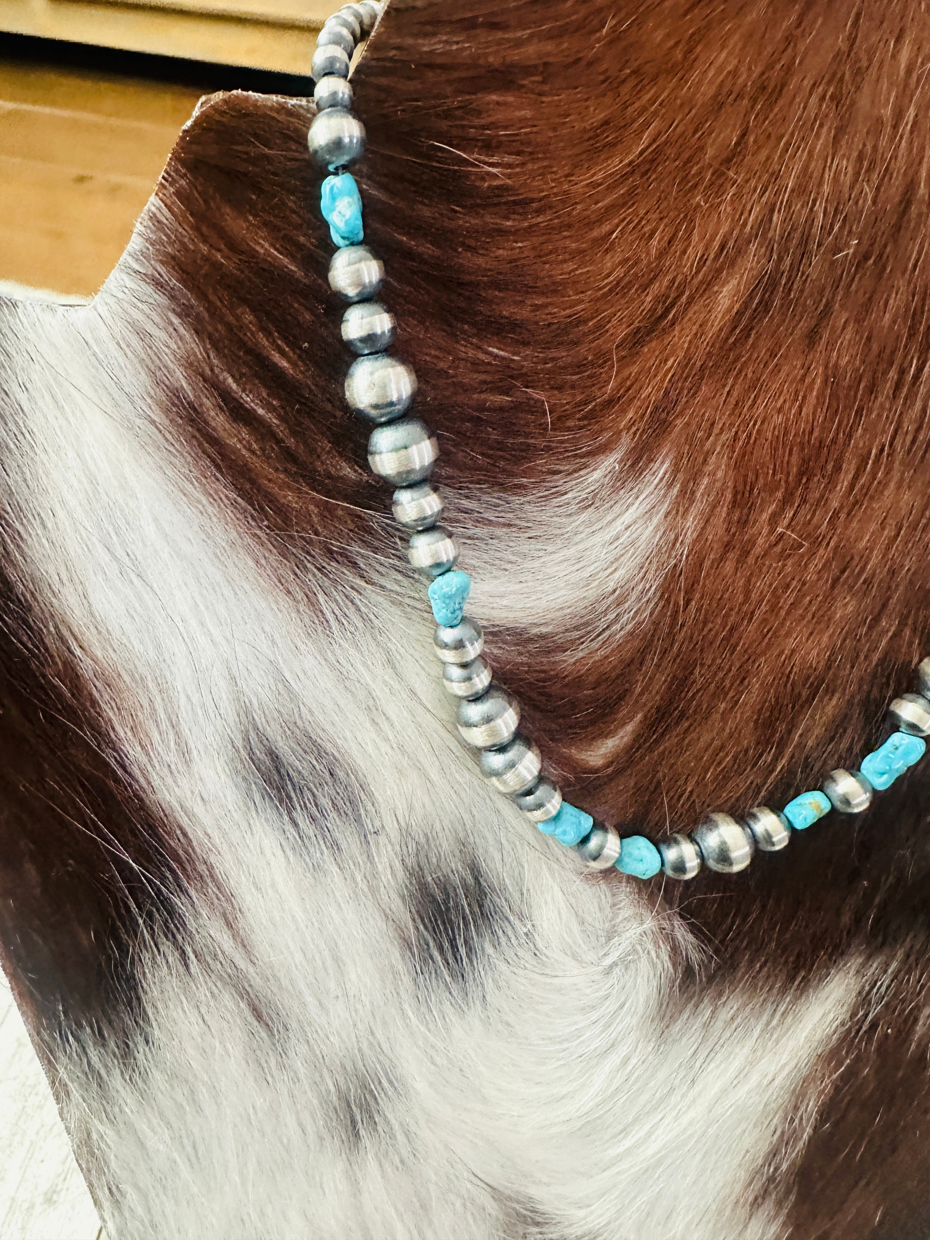 Handcrafted Turquoise & Sterling Silver Pearl 14” Beaded Necklace