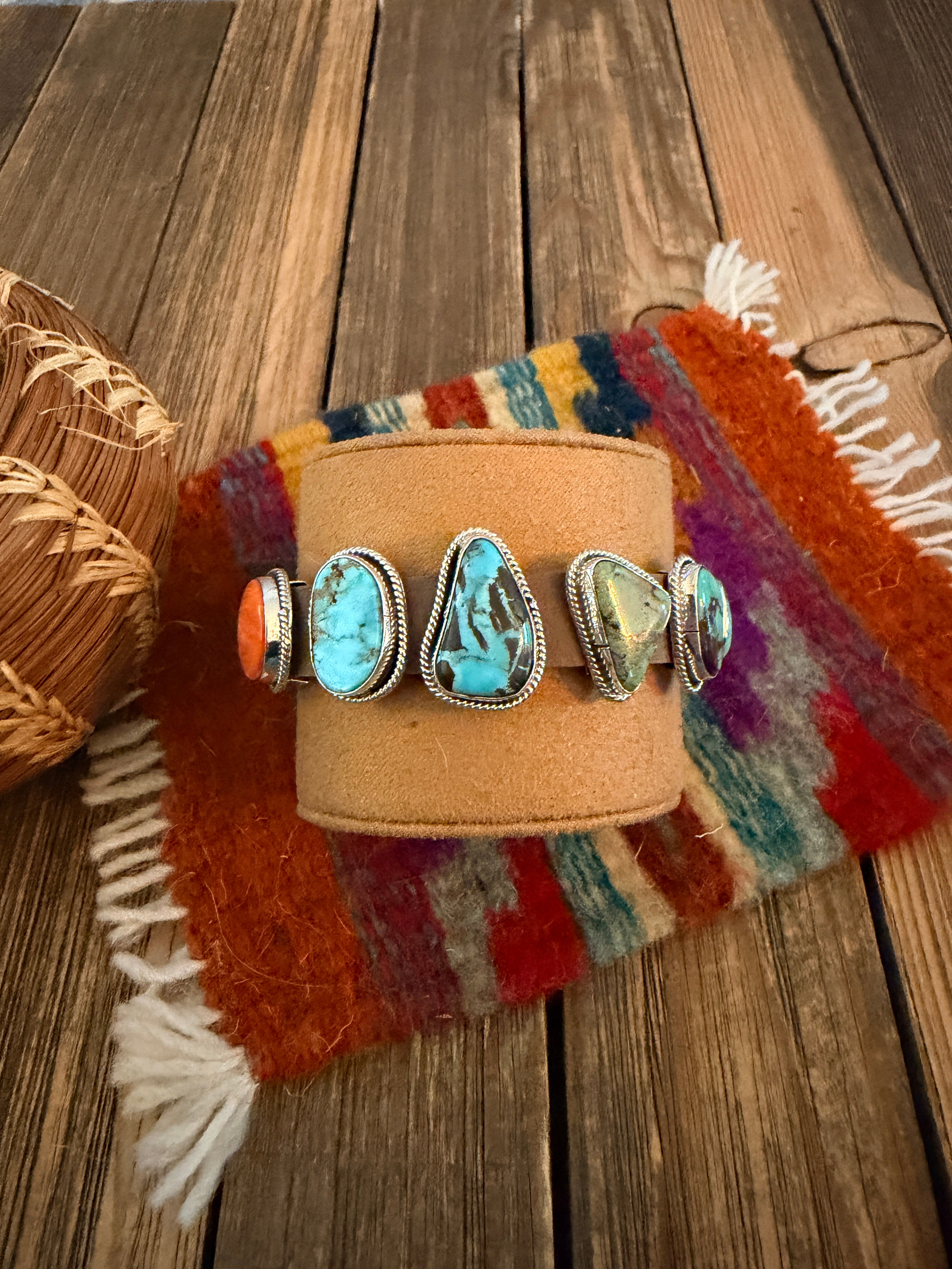 Handcrafted Multi Turquoise, Spiny & Sterling Silver Leather Bracelet