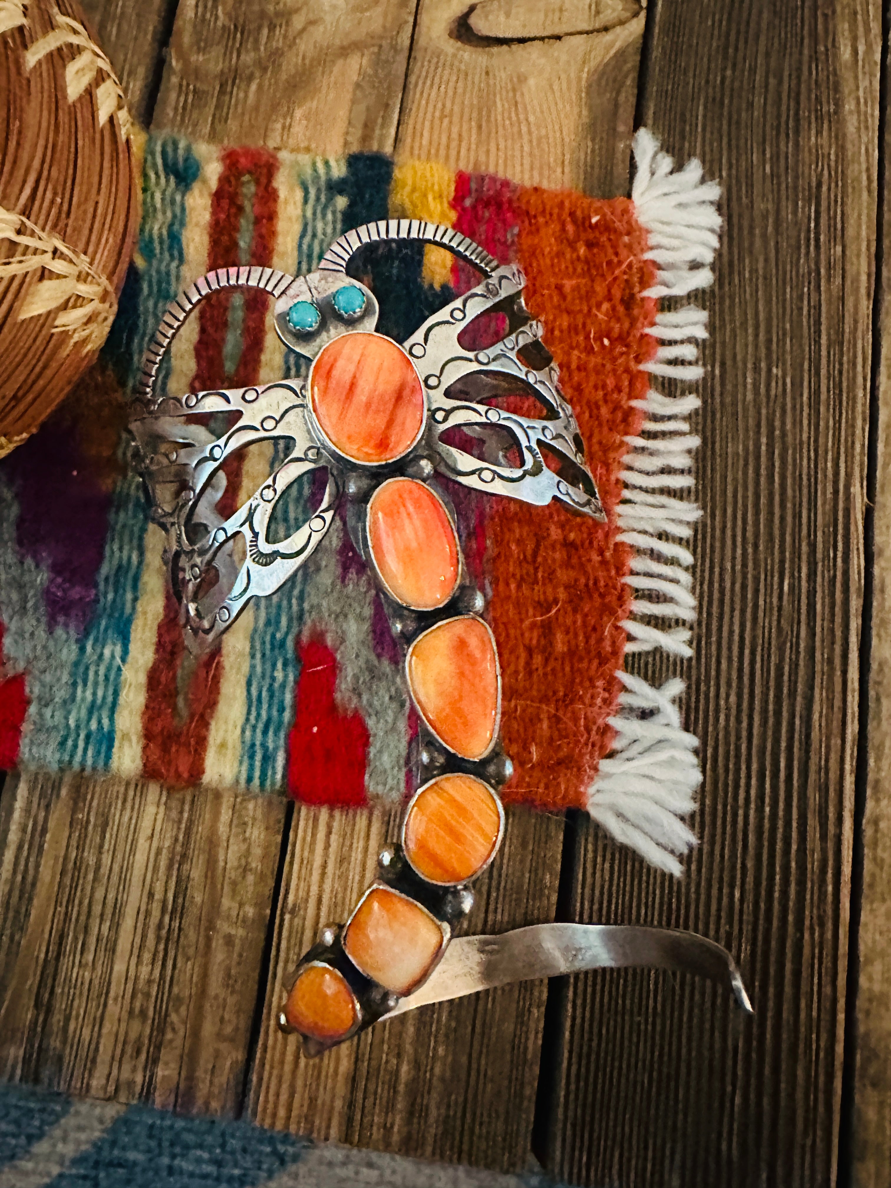 Handcrafted Sterling Silver, Spiny Oyster & Turquoise Dragonfly Cuff Bracelet by Russell Sam