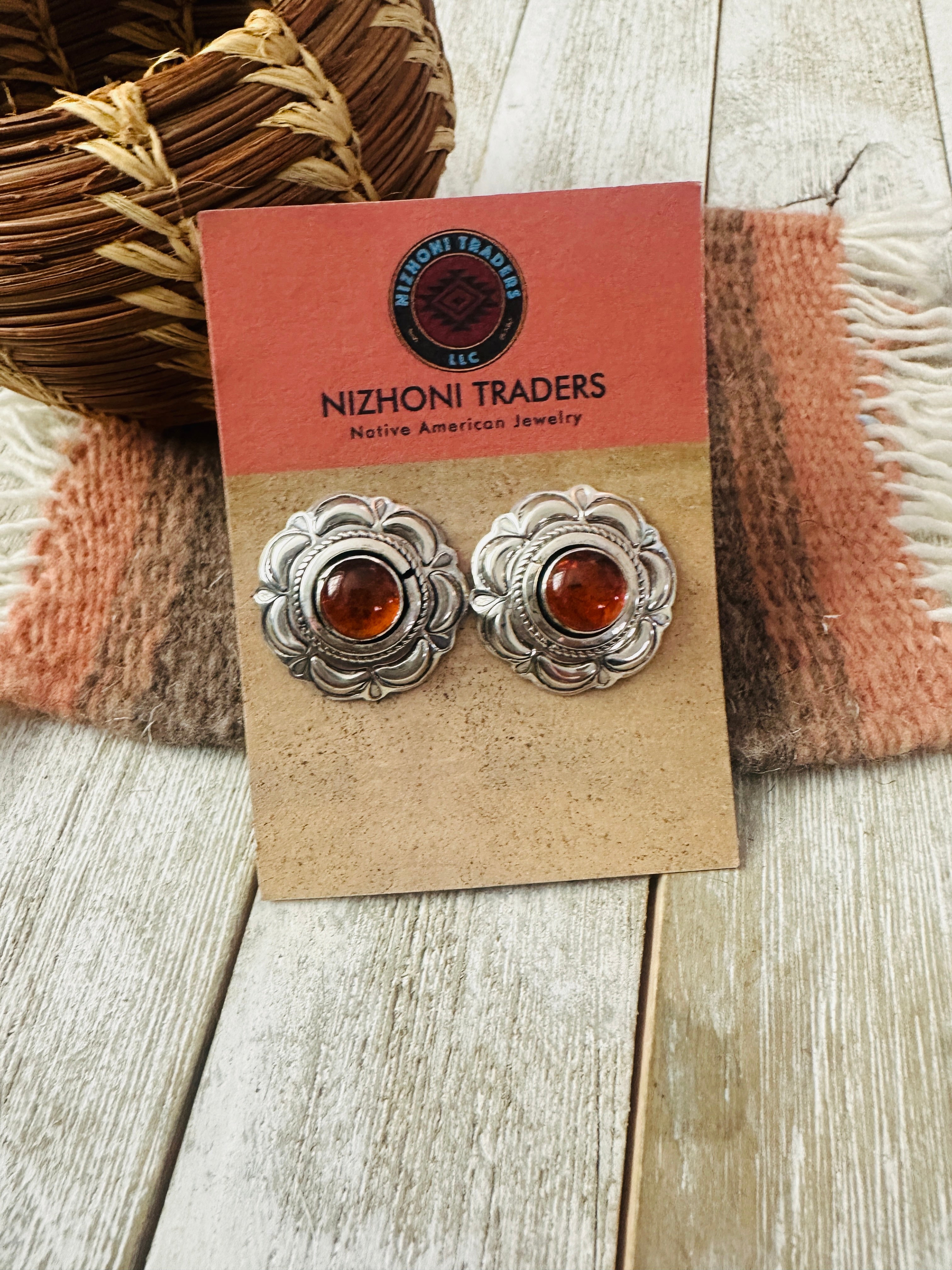 Handcrafted Old Pawn Sterling Silver & Amber Flower Post Earrings