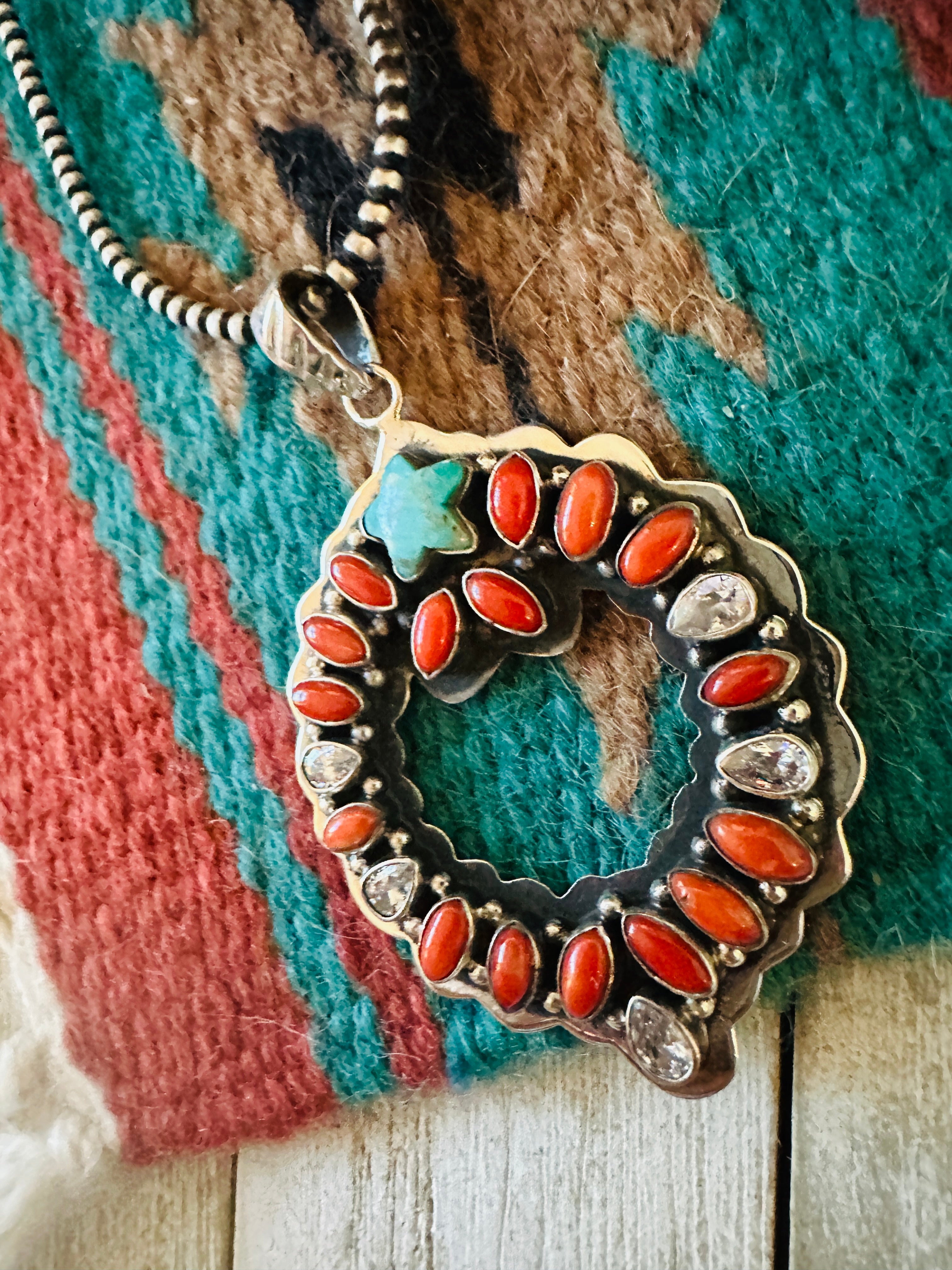 ** Christmas Collection ** Handmade Sterling Silver, Coral, Turquoise & CZ Wreath Pendant Signed Nizhoni