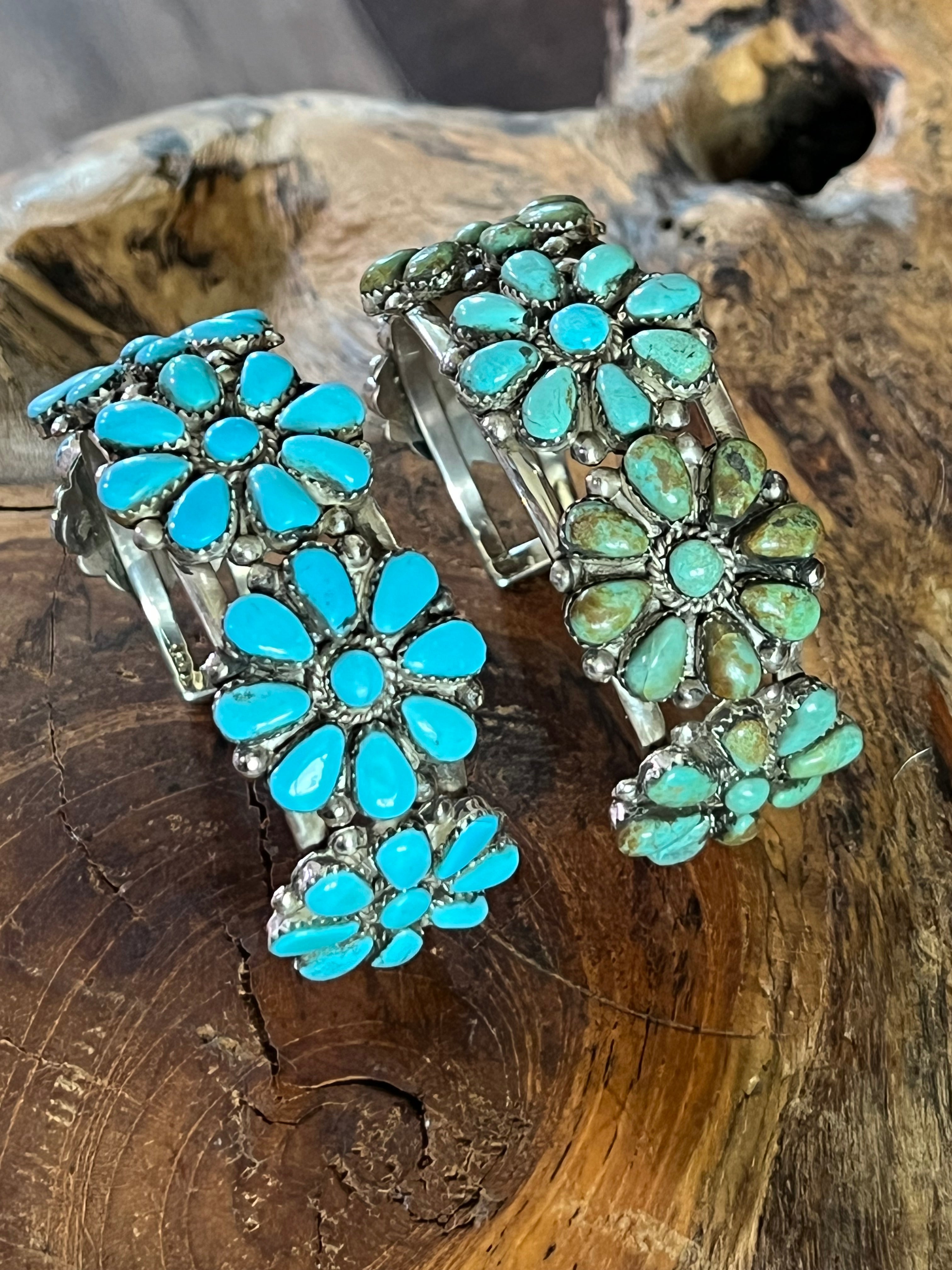 Handcrafted Old Pawn Sterling Silver and Mixed Turquoise Daisy Cluster Cuff Bracelet, Signed MA /