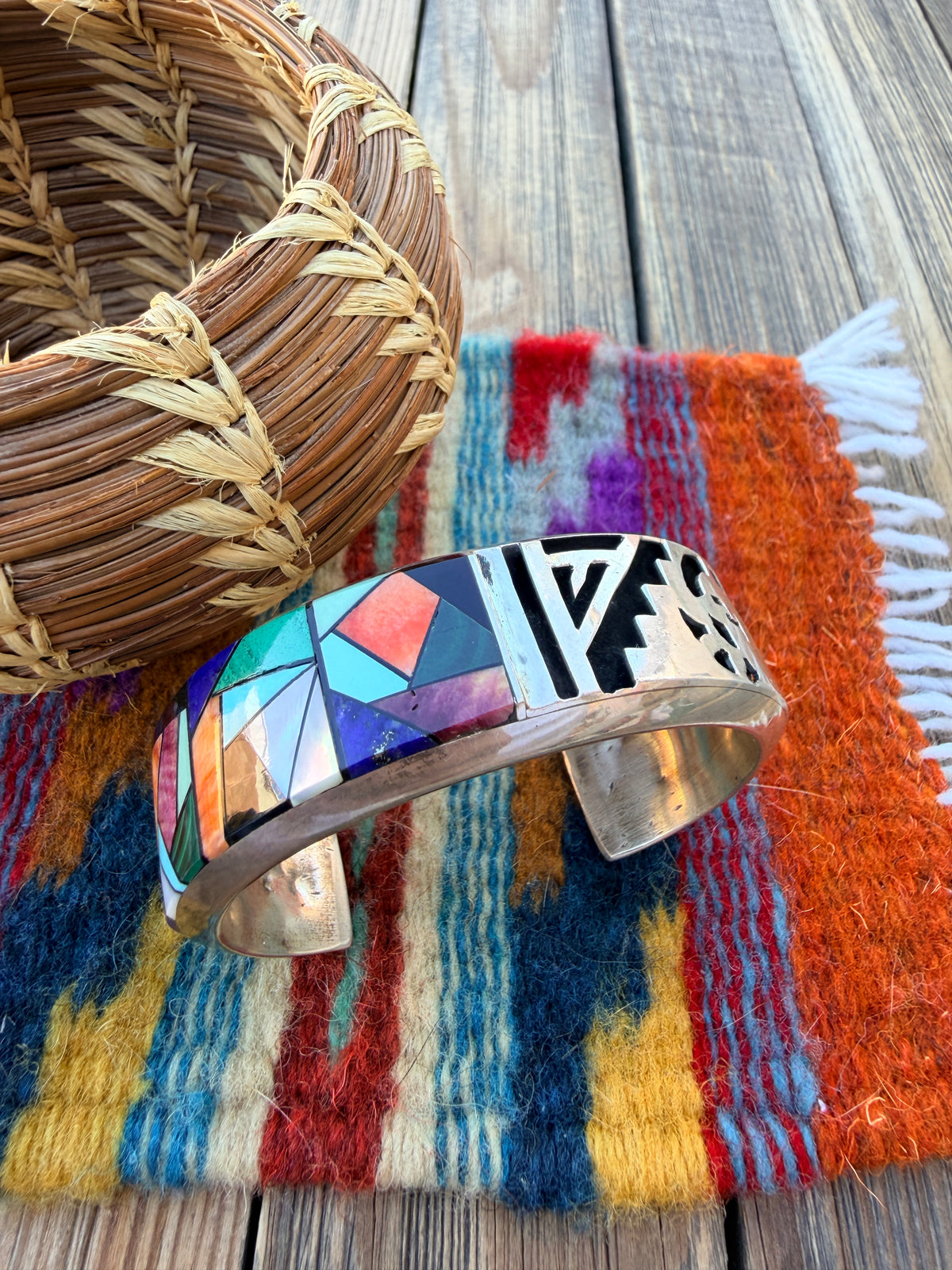 Handcrafted Old Pawn Sterling Silver & Multi Stone Inlay Mosaic Cuff Bracelet