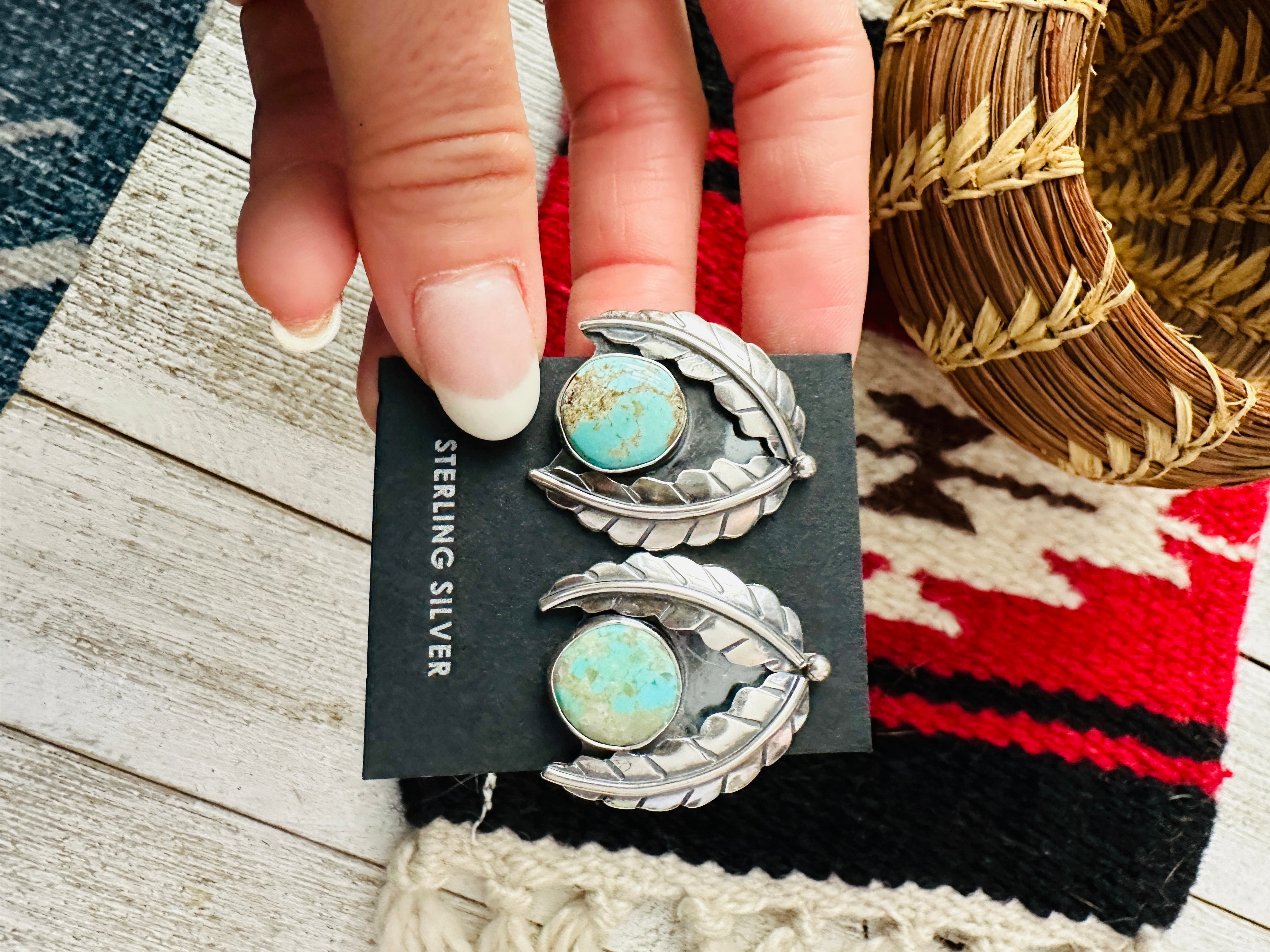 Handcrafted Number 8 Turquoise & Sterling Silver Leaf Post Earrings