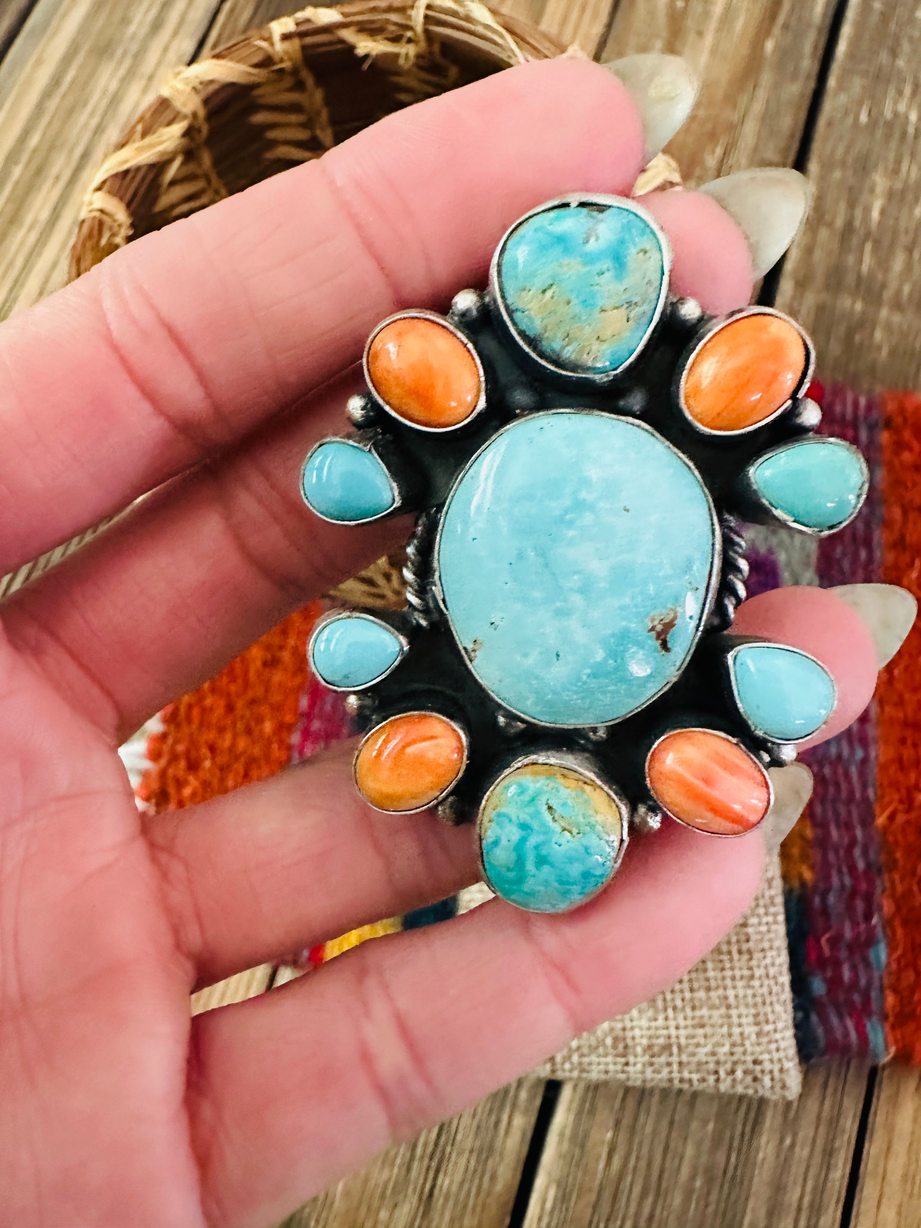 Handcrafted Spiny, Turquoise & Sterling Silver Cluster Ring Size 8.5 by Sheila Becenti