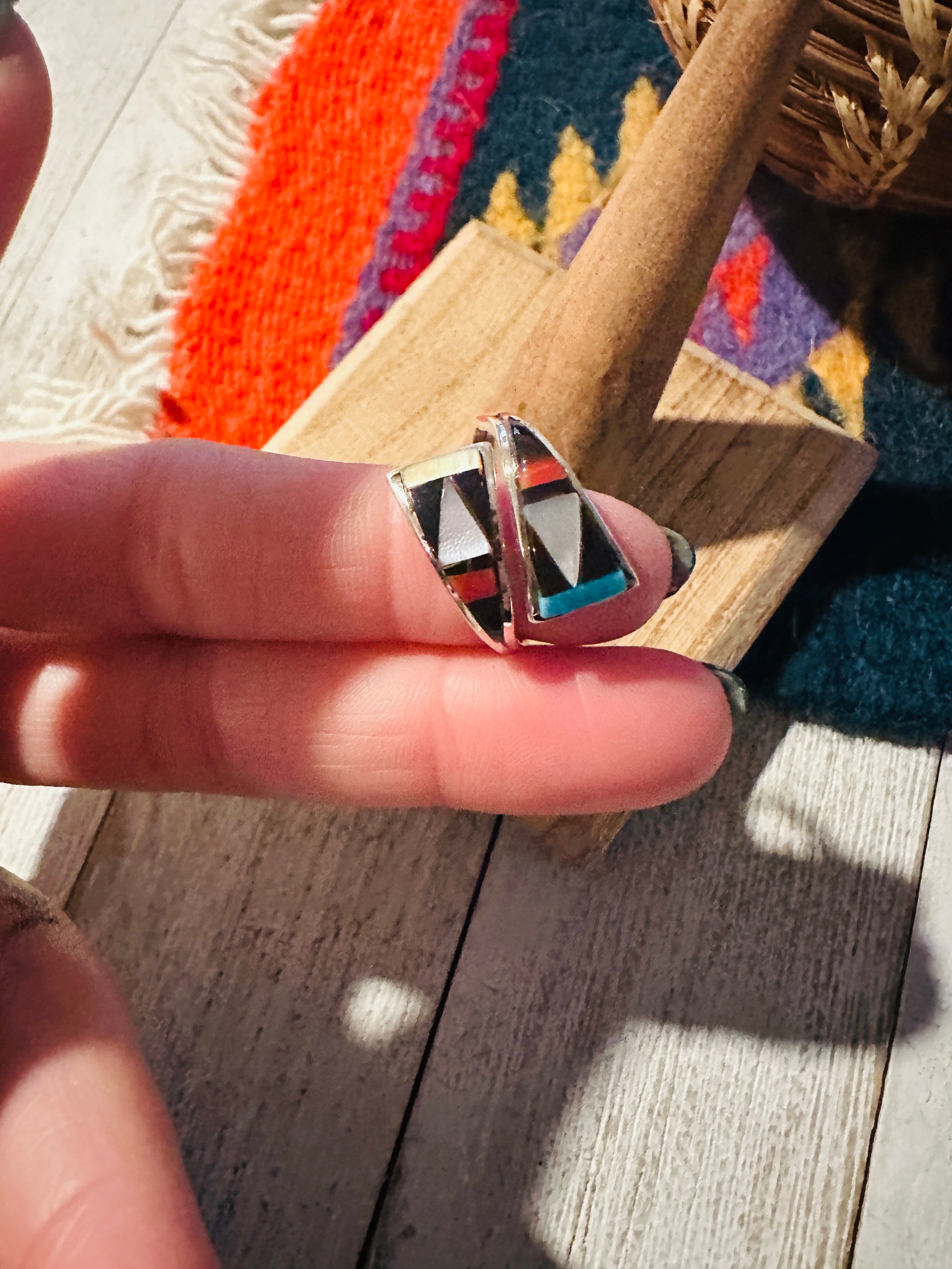 Handcrafted Multi Stone & Sterling Silver Inlay Square Adjustable Ring
