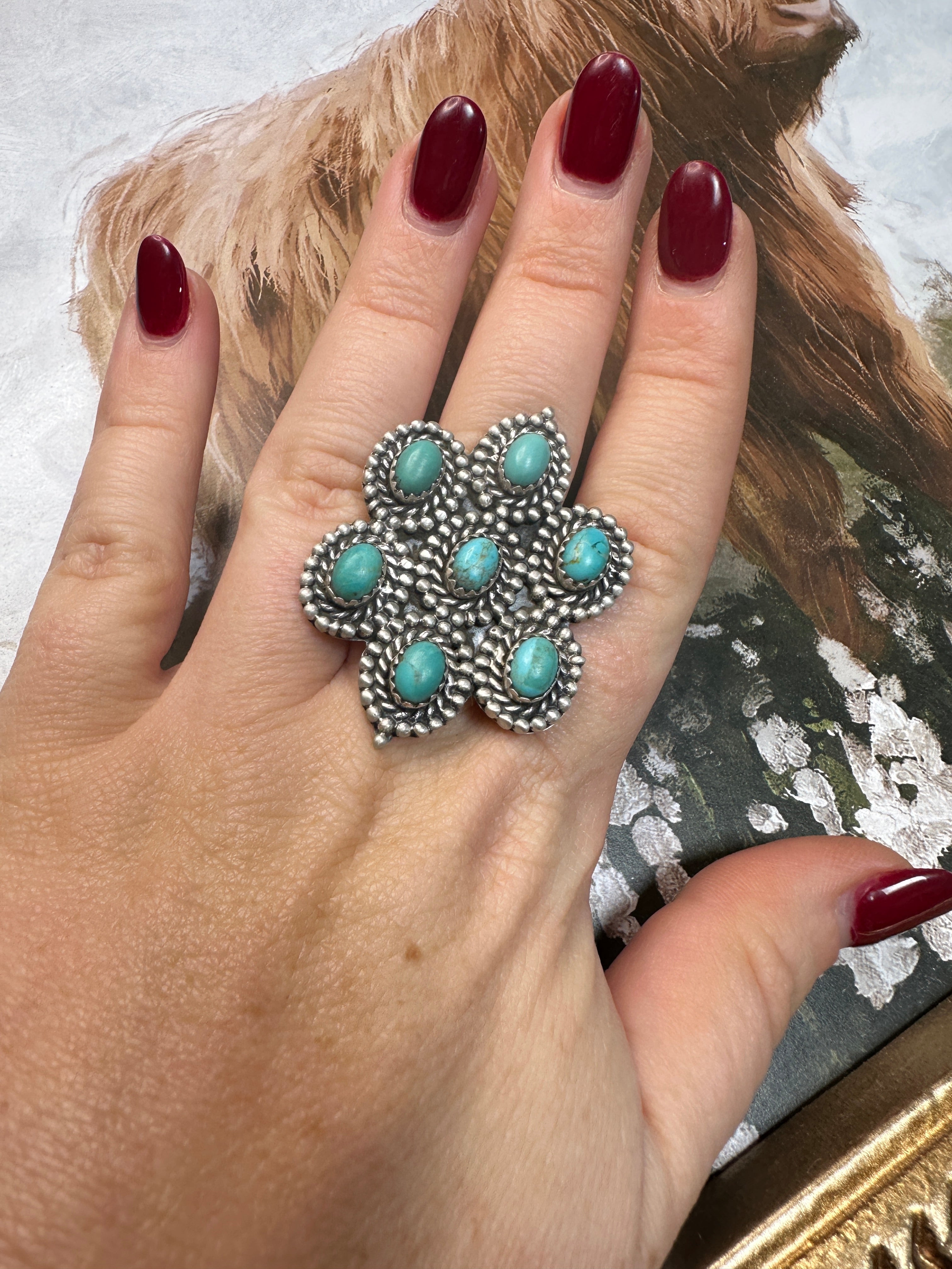 Nizhoni Handmade Adjustable Turquoise Sterling Silver Flower Ring