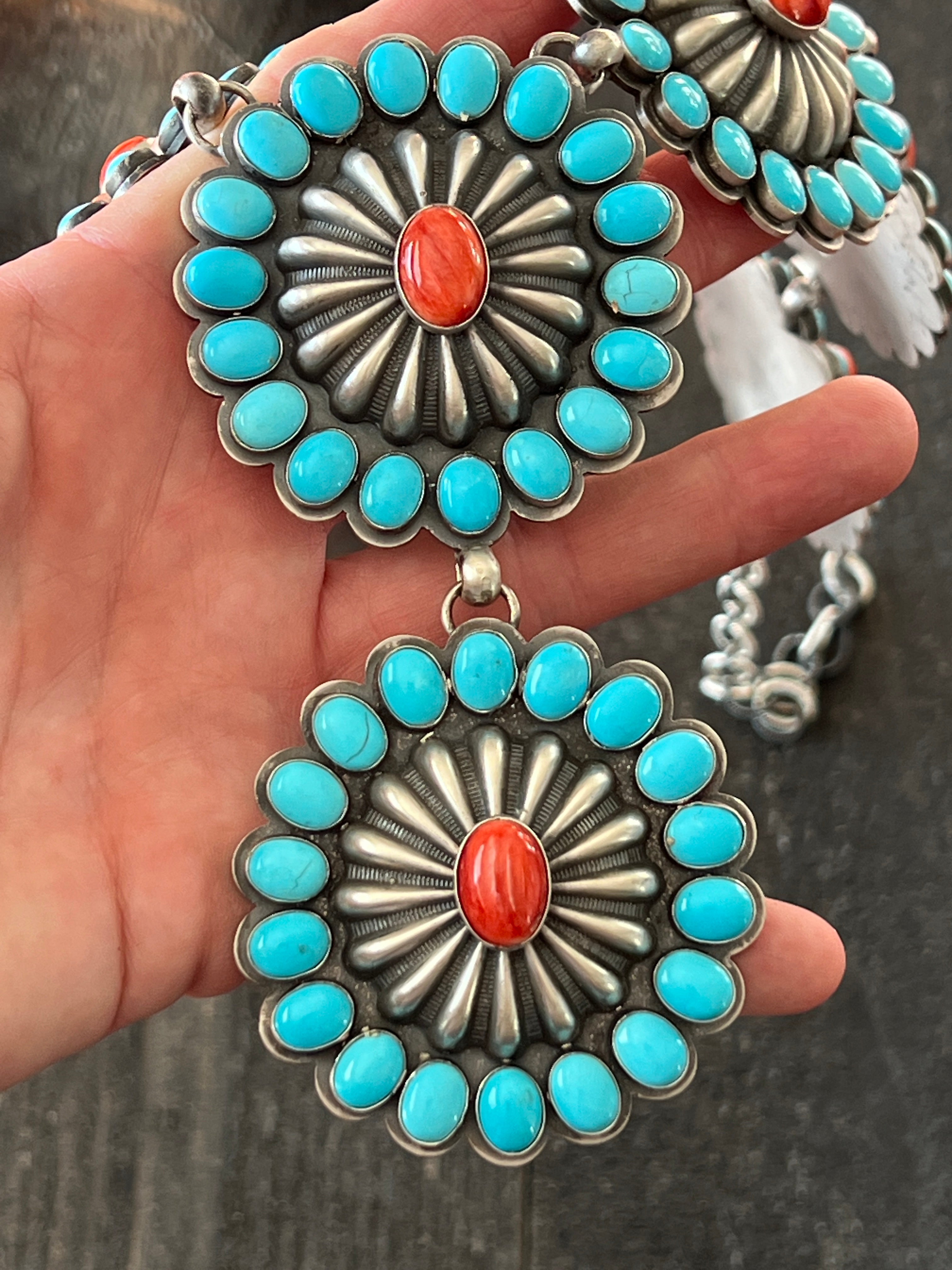 Handcrafted Amazing Spiny Oyster, Kingman Turquoise & Sterling Silver Lariat Necklace by Gilbert Platero