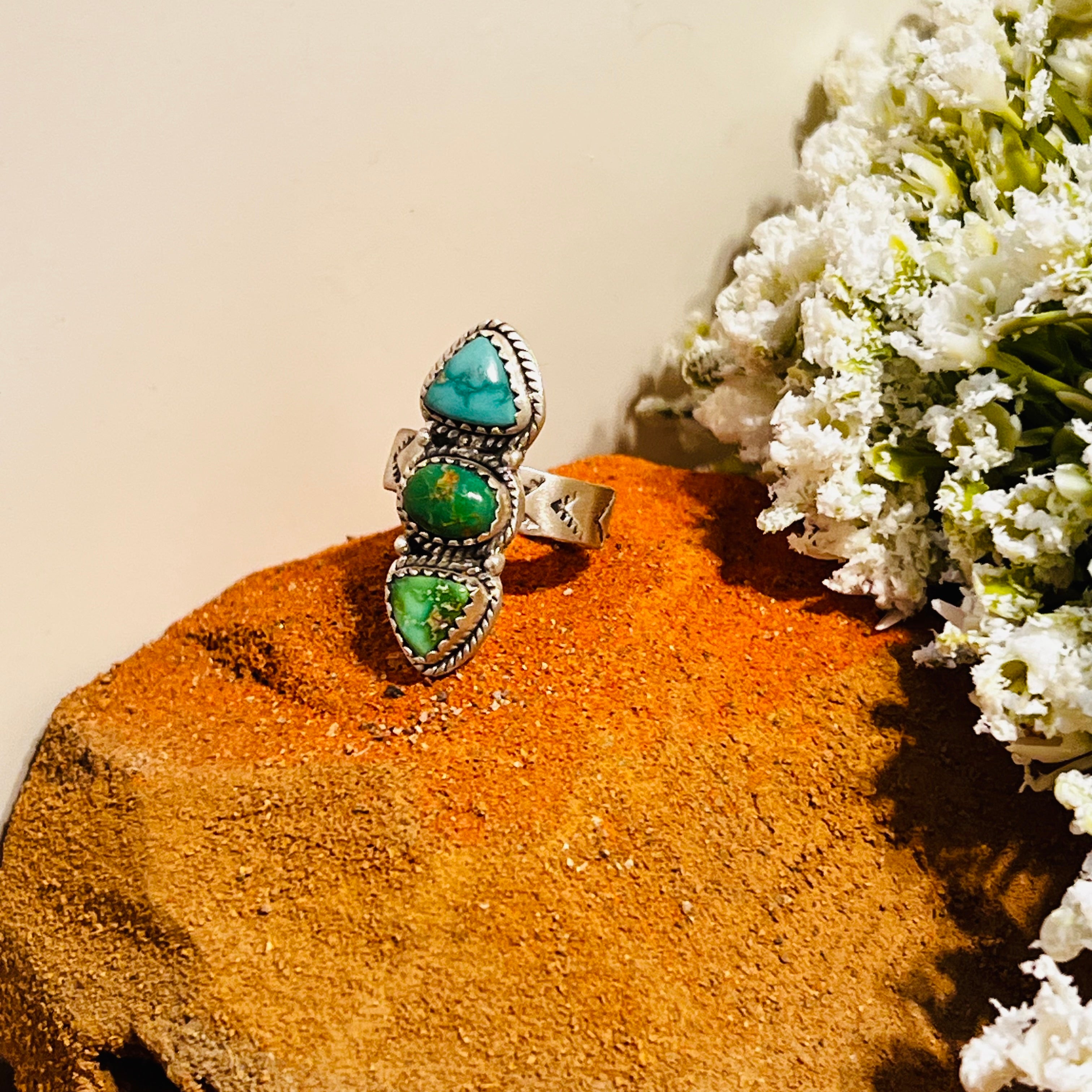 Handmade Sterling Silver 3-Stone South Hill & Sonoran Mountain Turquoise Adjustable Ring