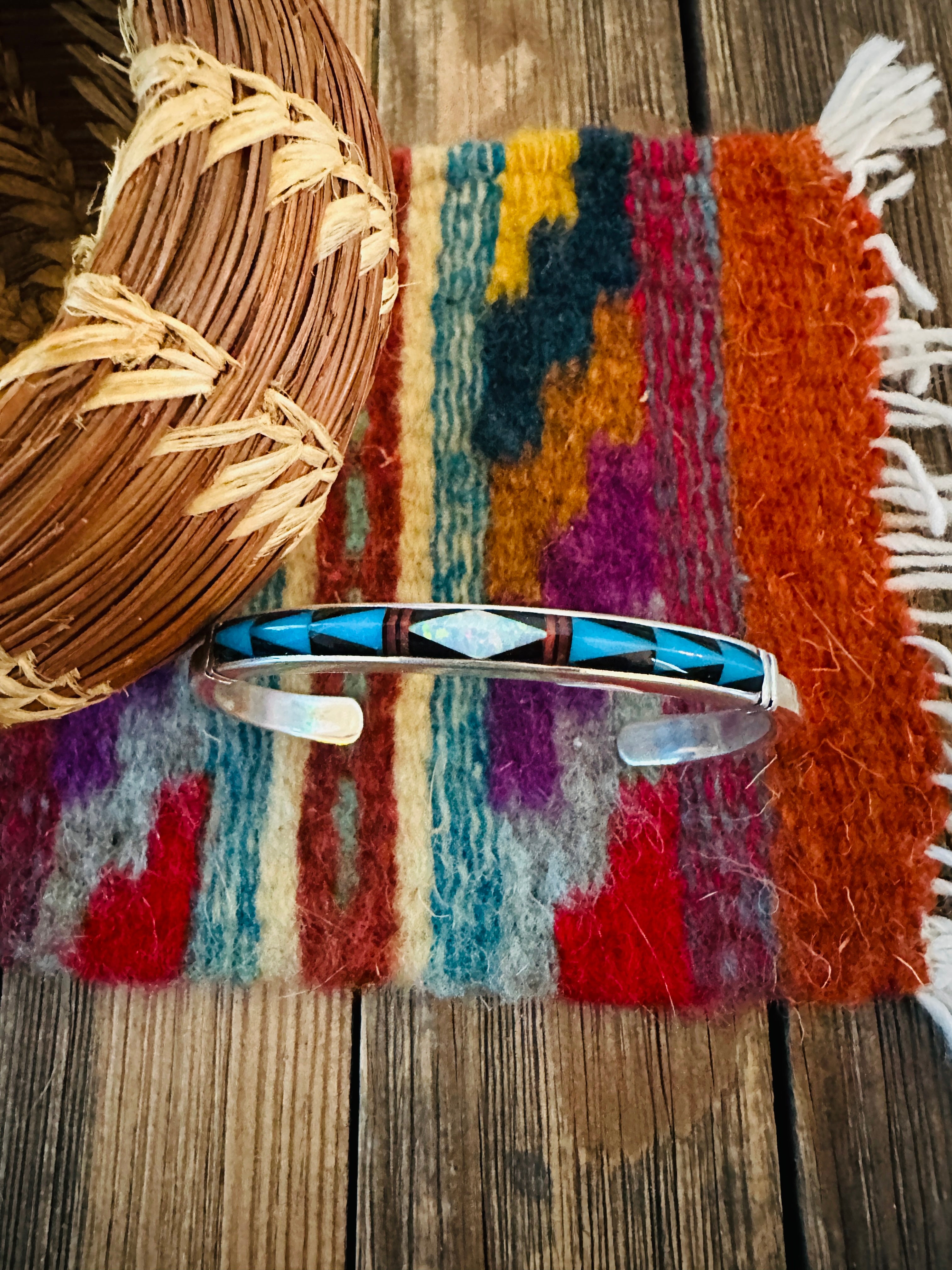 Handcrafted Multi Stone & Sterling Silver Inlay Cuff Bracelet