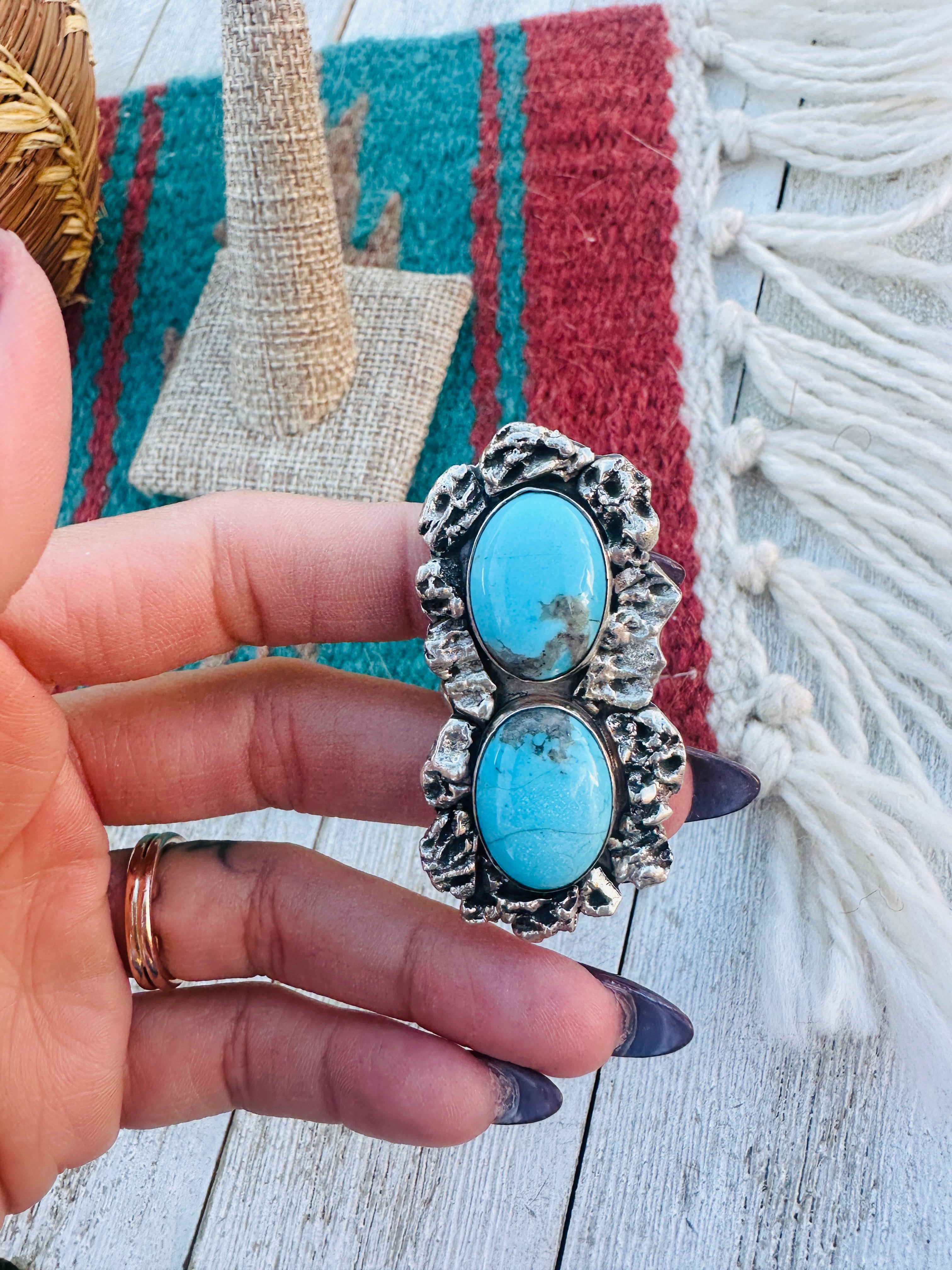 Old Pawn Handcrafted Turquoise & Sterling Silver Ring Size 10