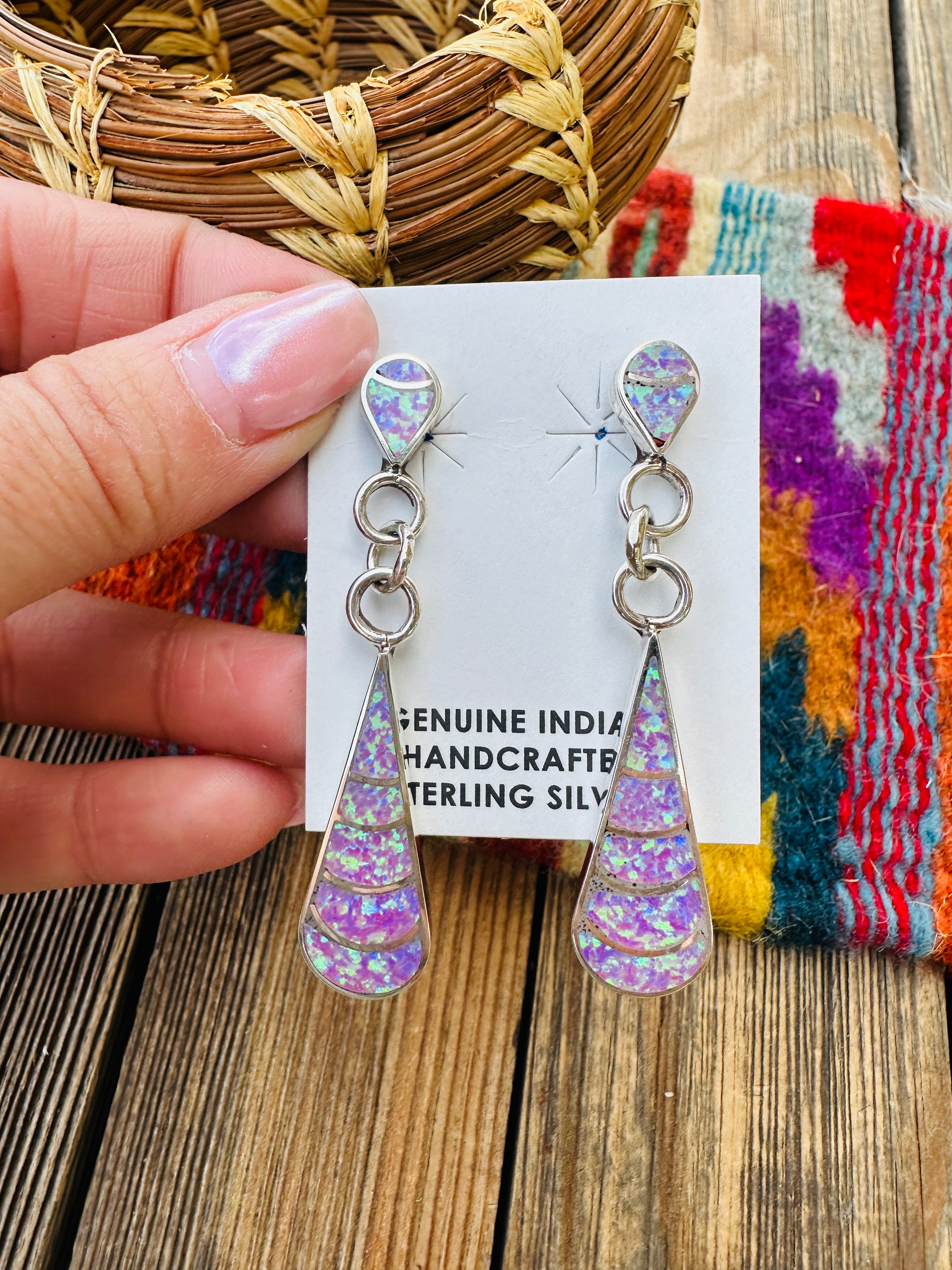 Handcrafted Opal & Sterling Silver Inlay Teardrop Dangle Earrings