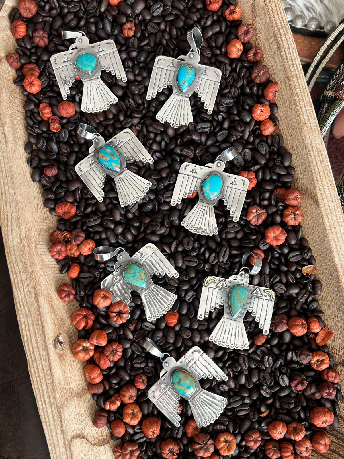 Kimari Somers Hand Stamped Sterling Silver & Kingman Turquoise Thunderbird Pendant 1