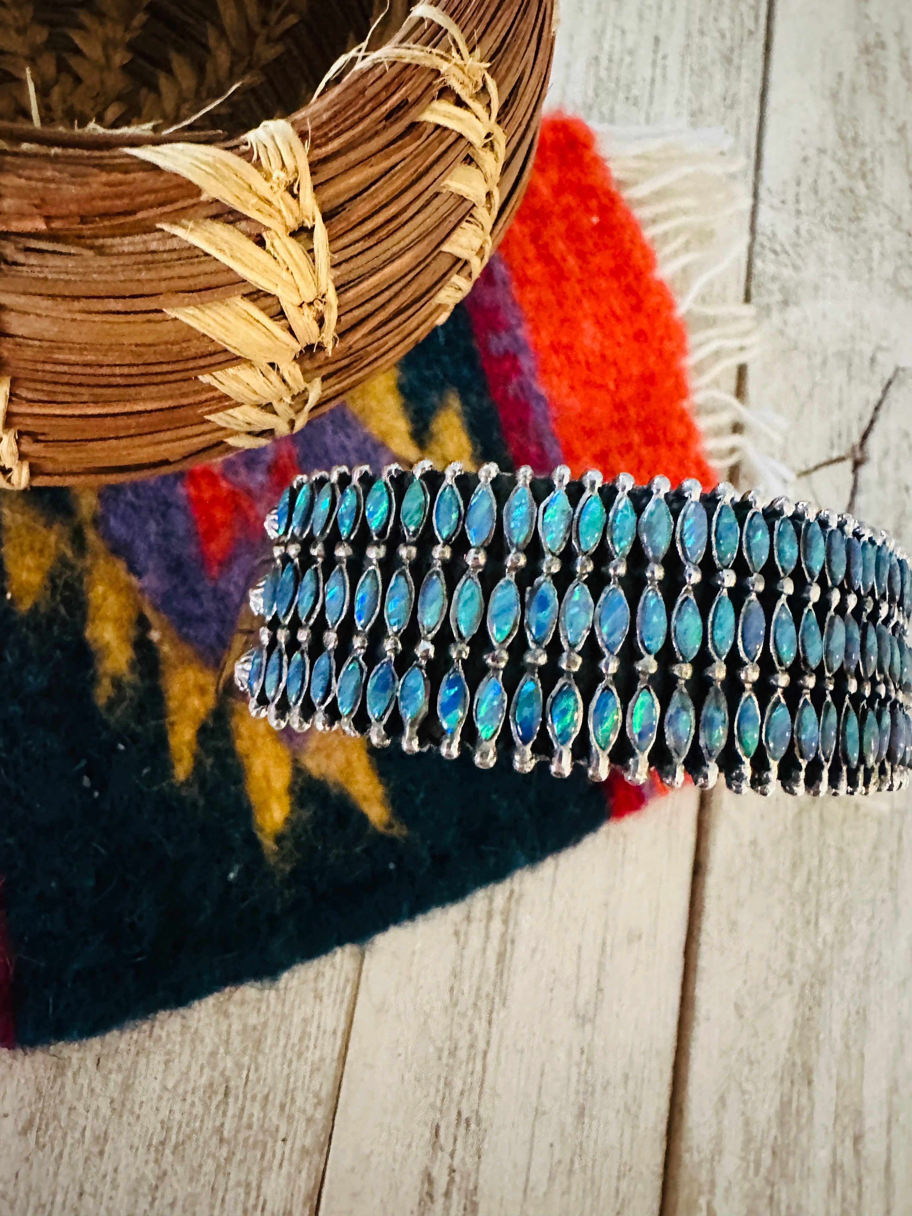 Nizhoni Handmade Sterling Silver & Blue Opal Cuff Bracelet /