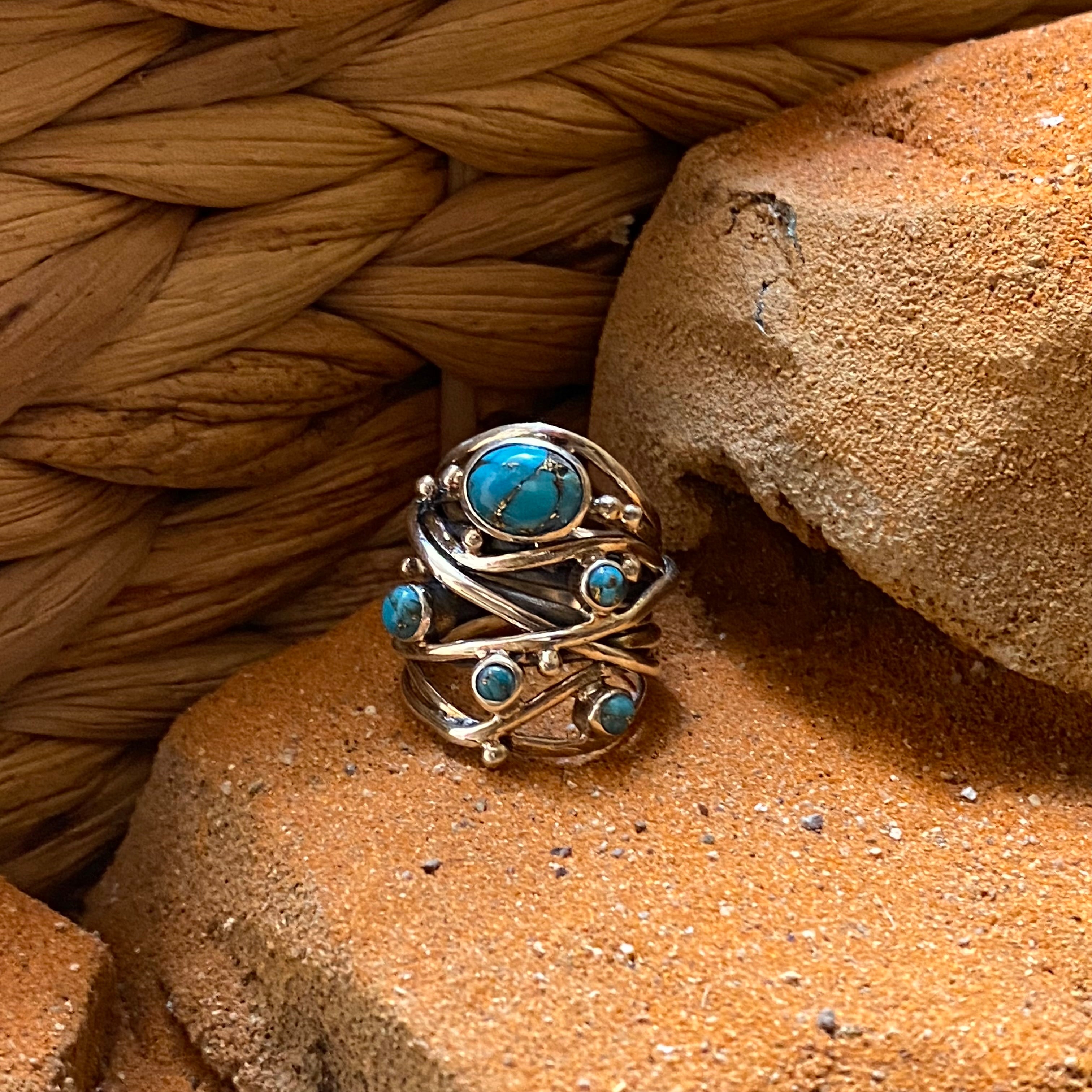 Sterling Silver Five Stone Copper Turquoise Strand Ring Size 6.75