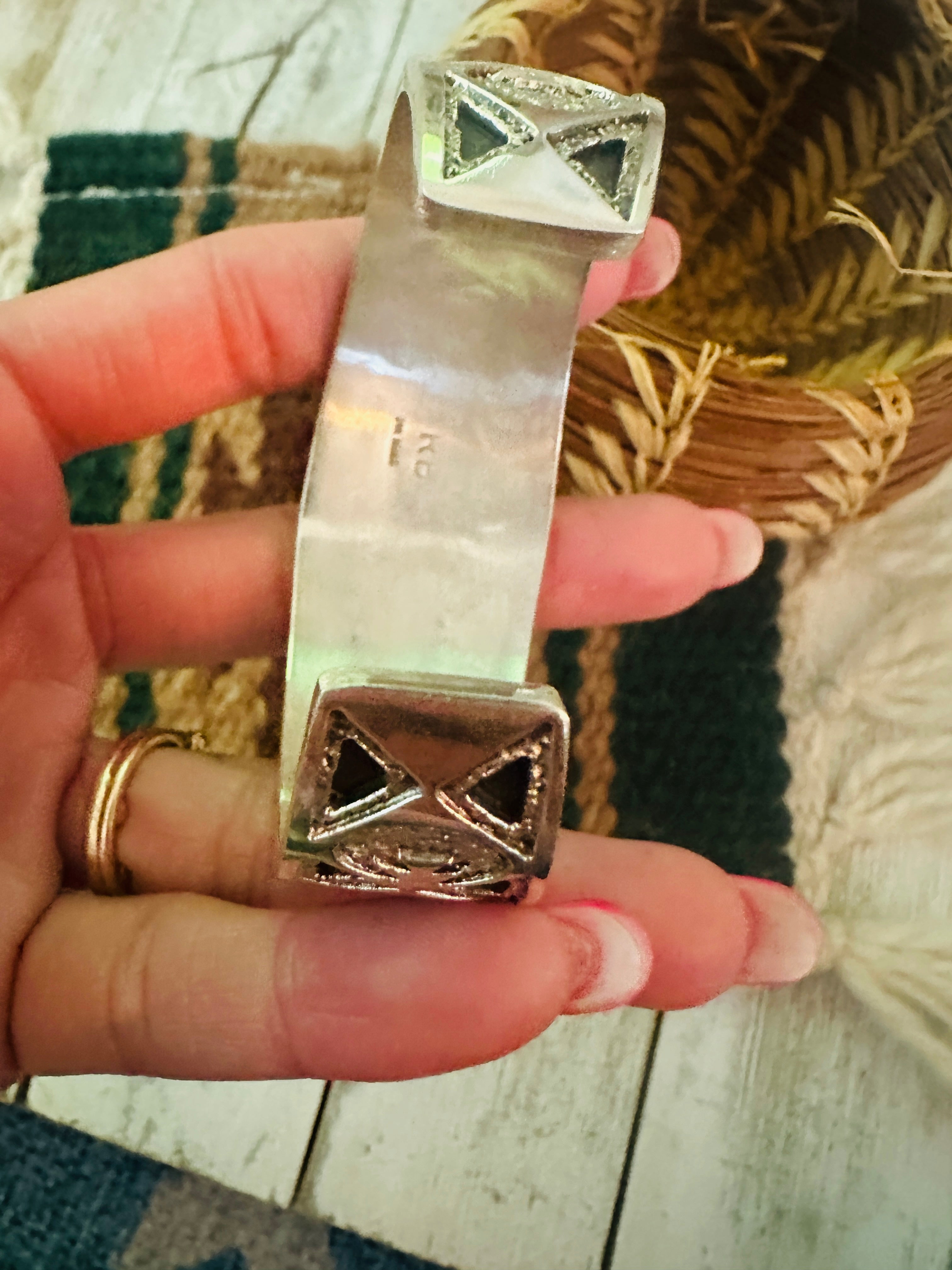 Handcrafted Old Pawn Turquoise, Mother of Pearl & Sterling Silver Inlay Cuff Bracelet /