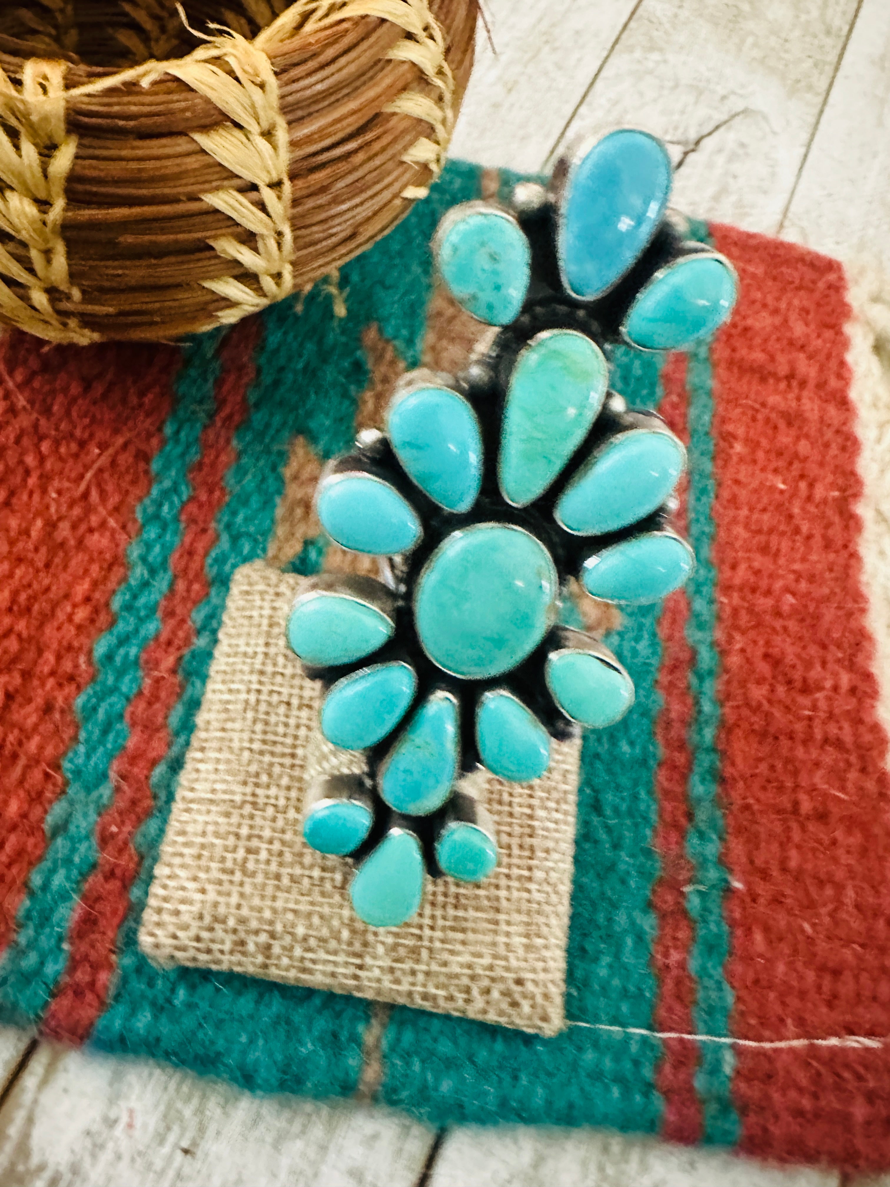 Handcrafted Sterling Silver & Turquoise Cluster Ring Size 6