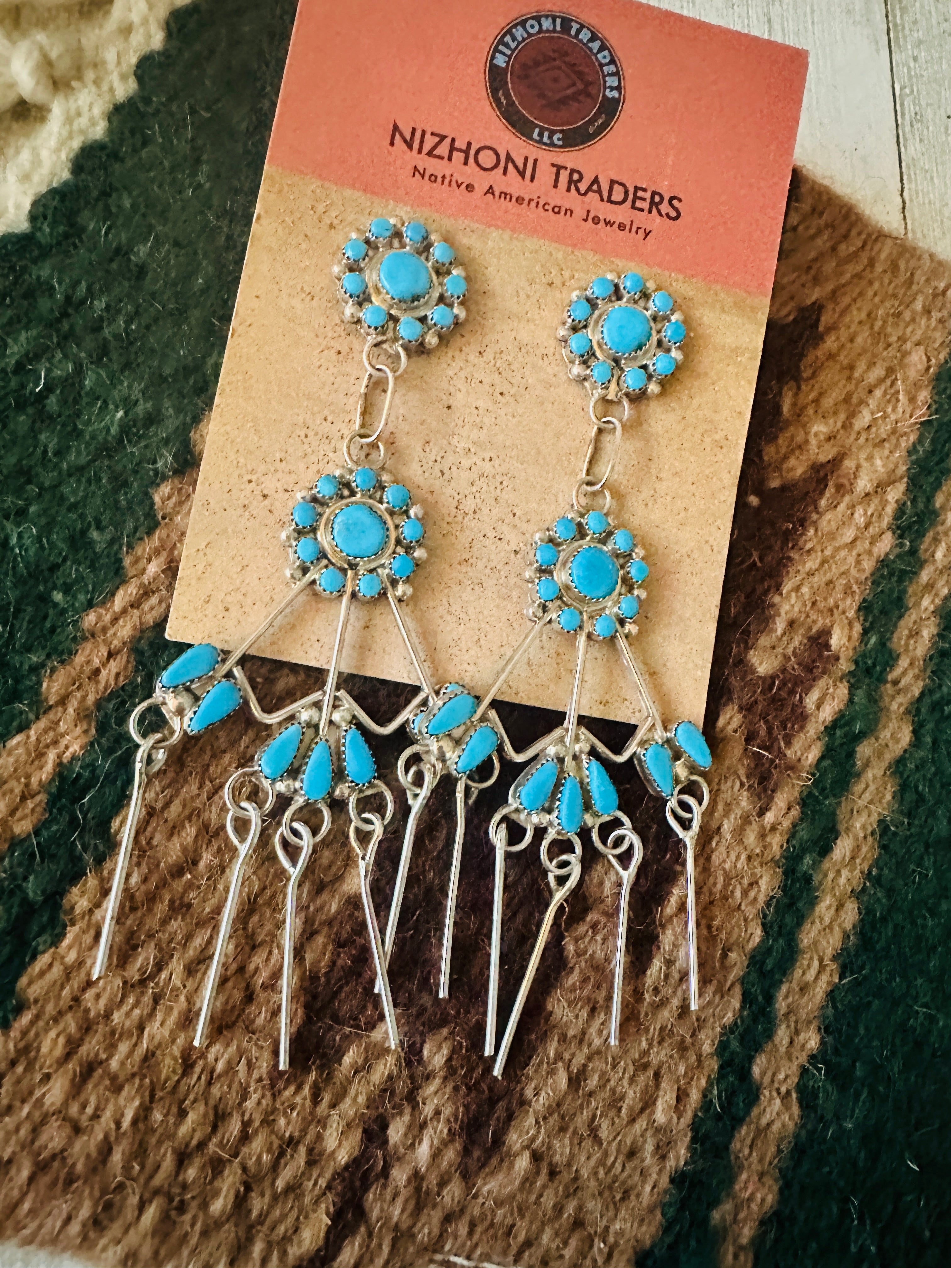 Handcrafted Sterling Silver & Turquoise Flower Chandelier Dangle Earrings