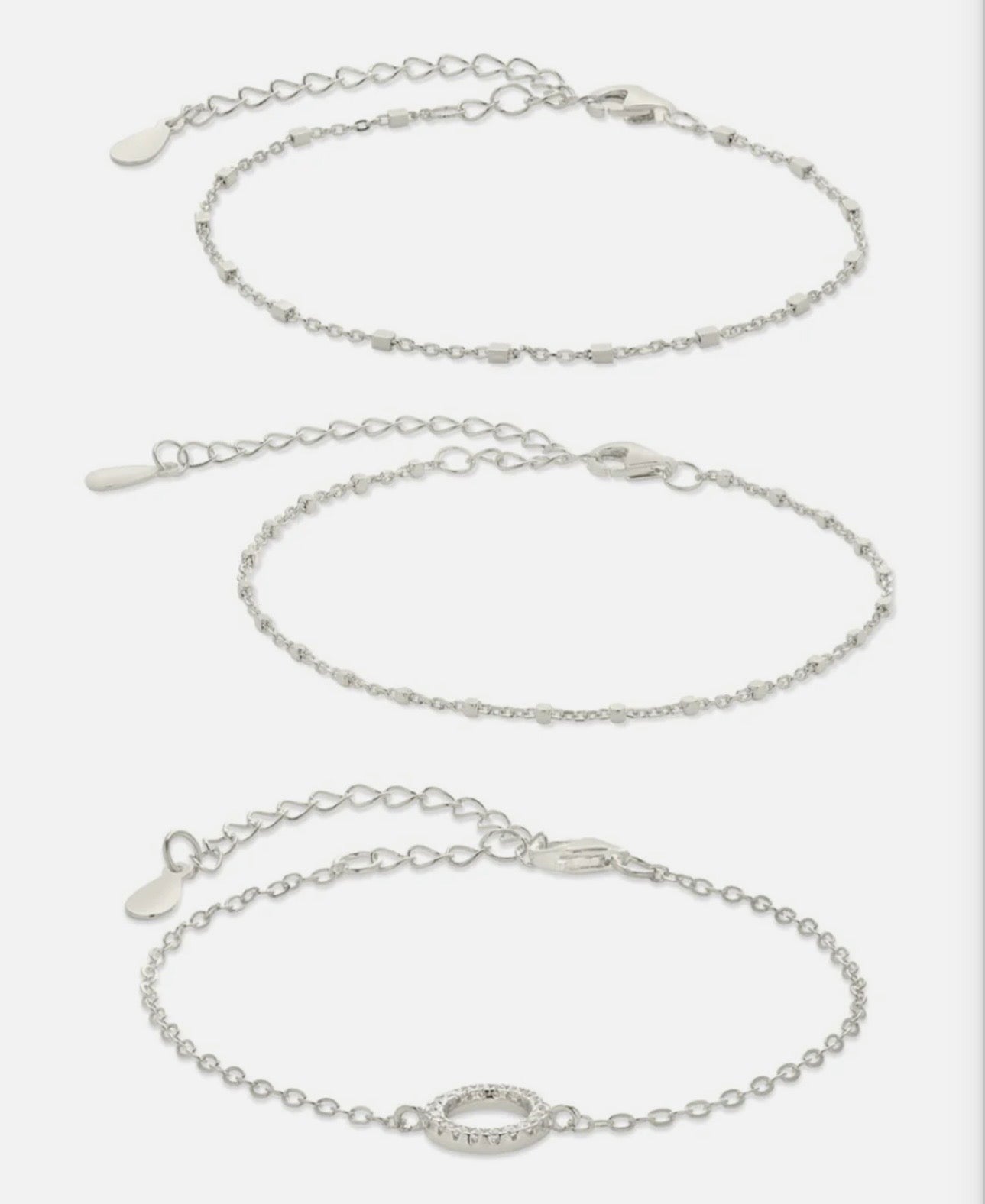 Sterling Silver CZ Circle & Chain Bracelet Set of 3