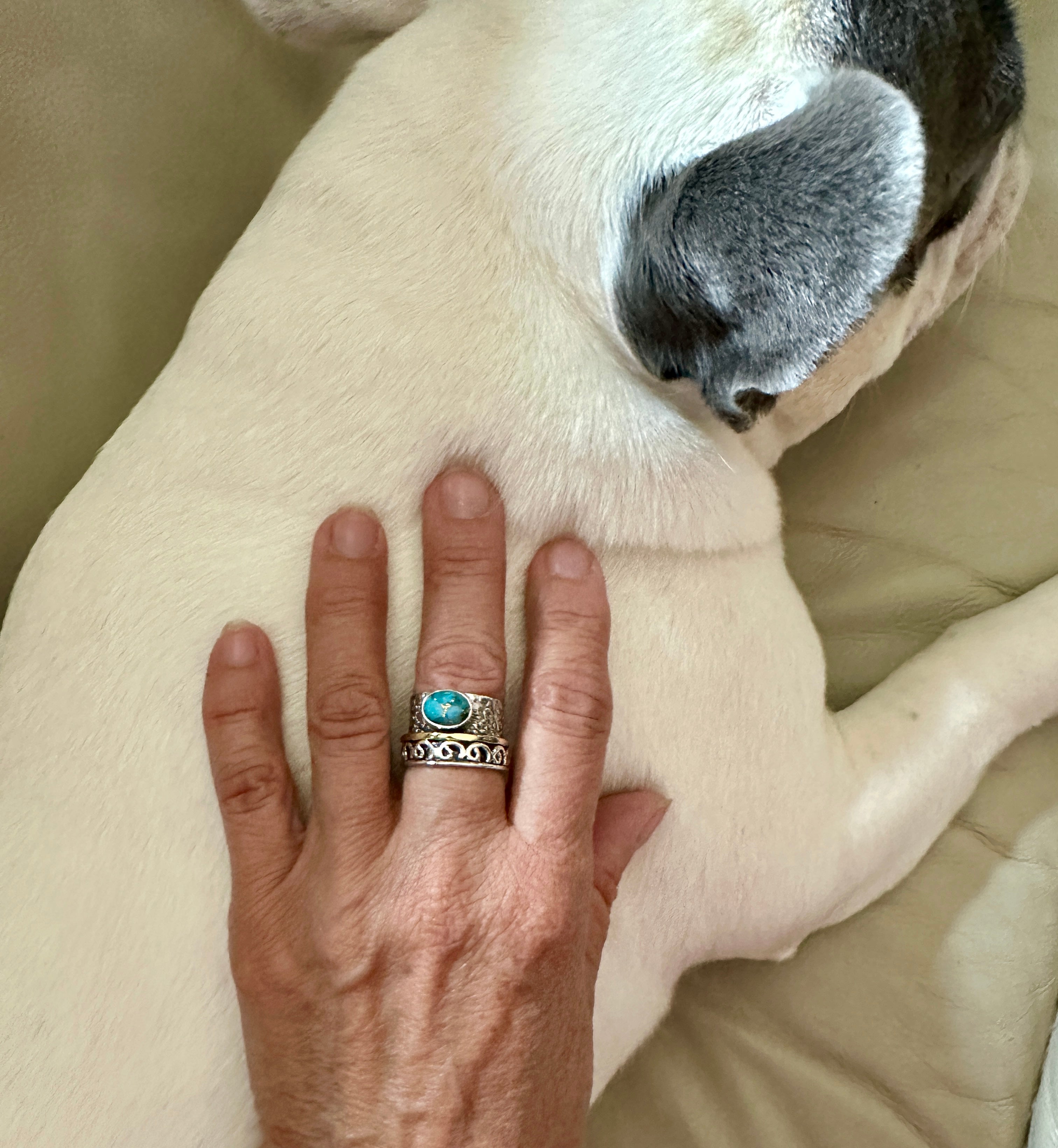 Copper Turquoise Sterling Silver, Gold, Copper Spinner Ring Size 8 “Lattice