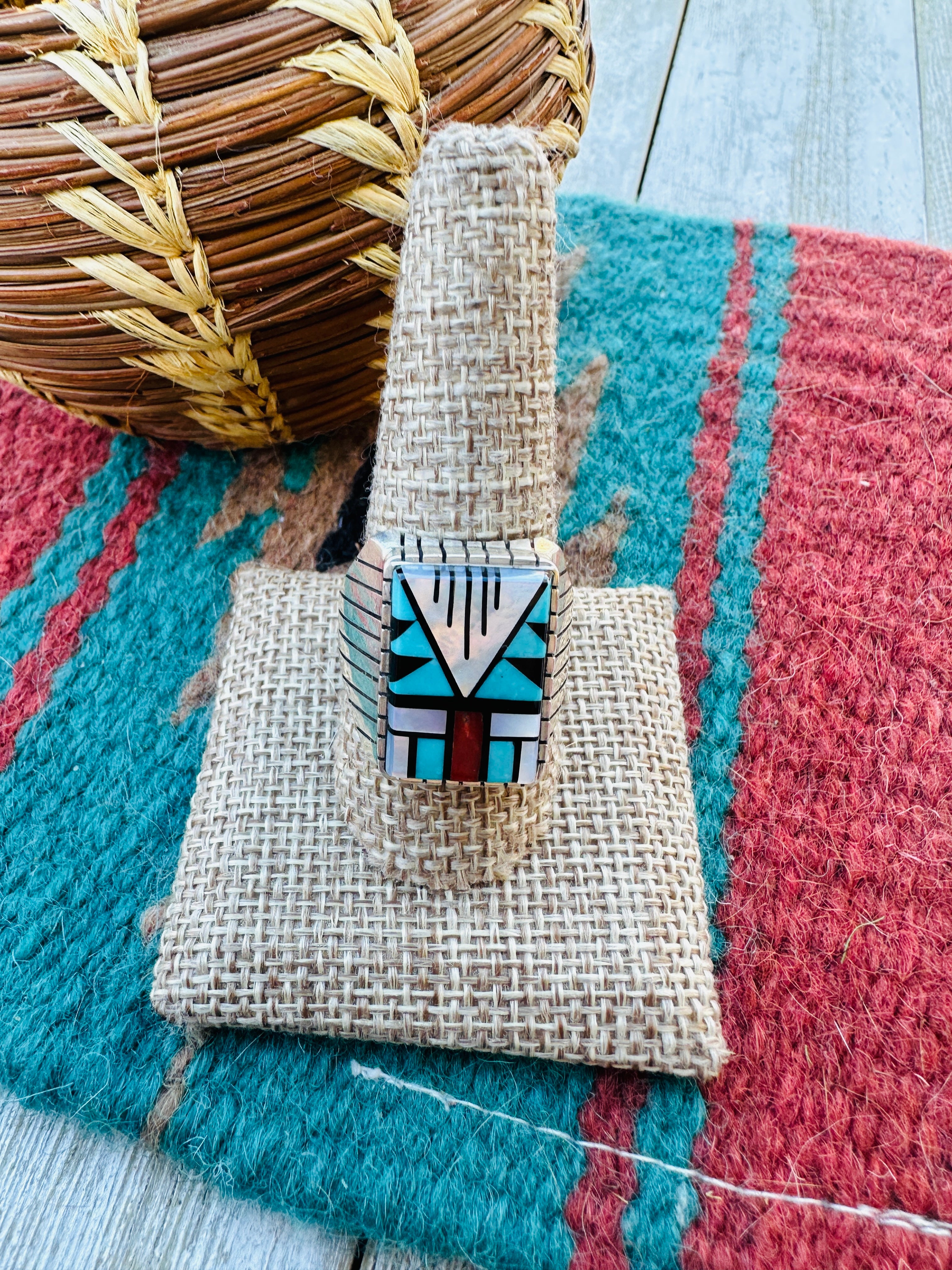 Handcrafted Multi Stone & Sterling Silver Inlay Ring Size 10.75