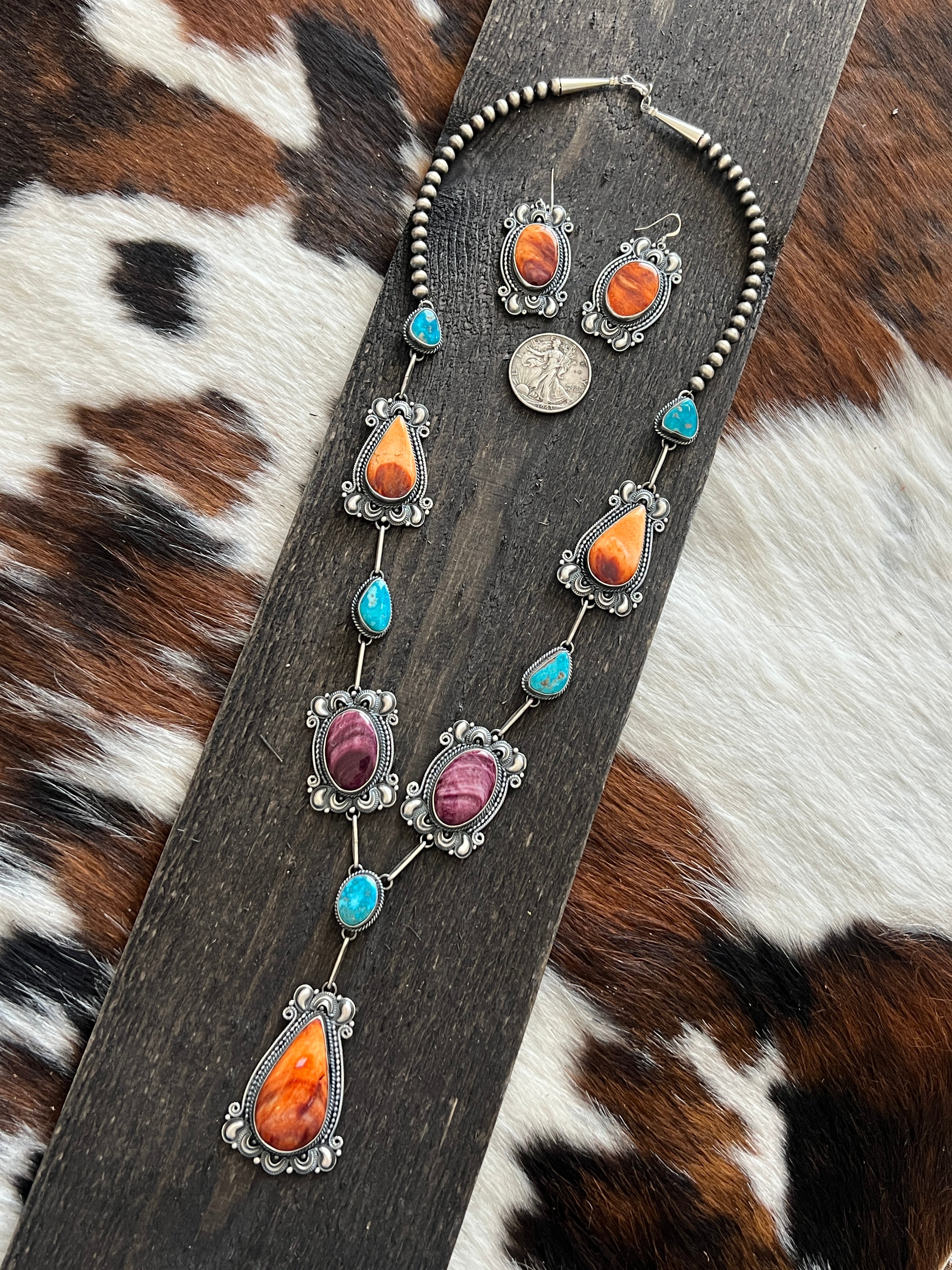 Handcrafted Sterling Silver, Spiny Oyster and Turquoise Link and Bead Necklace and Earrings Set by Derrick Gordon