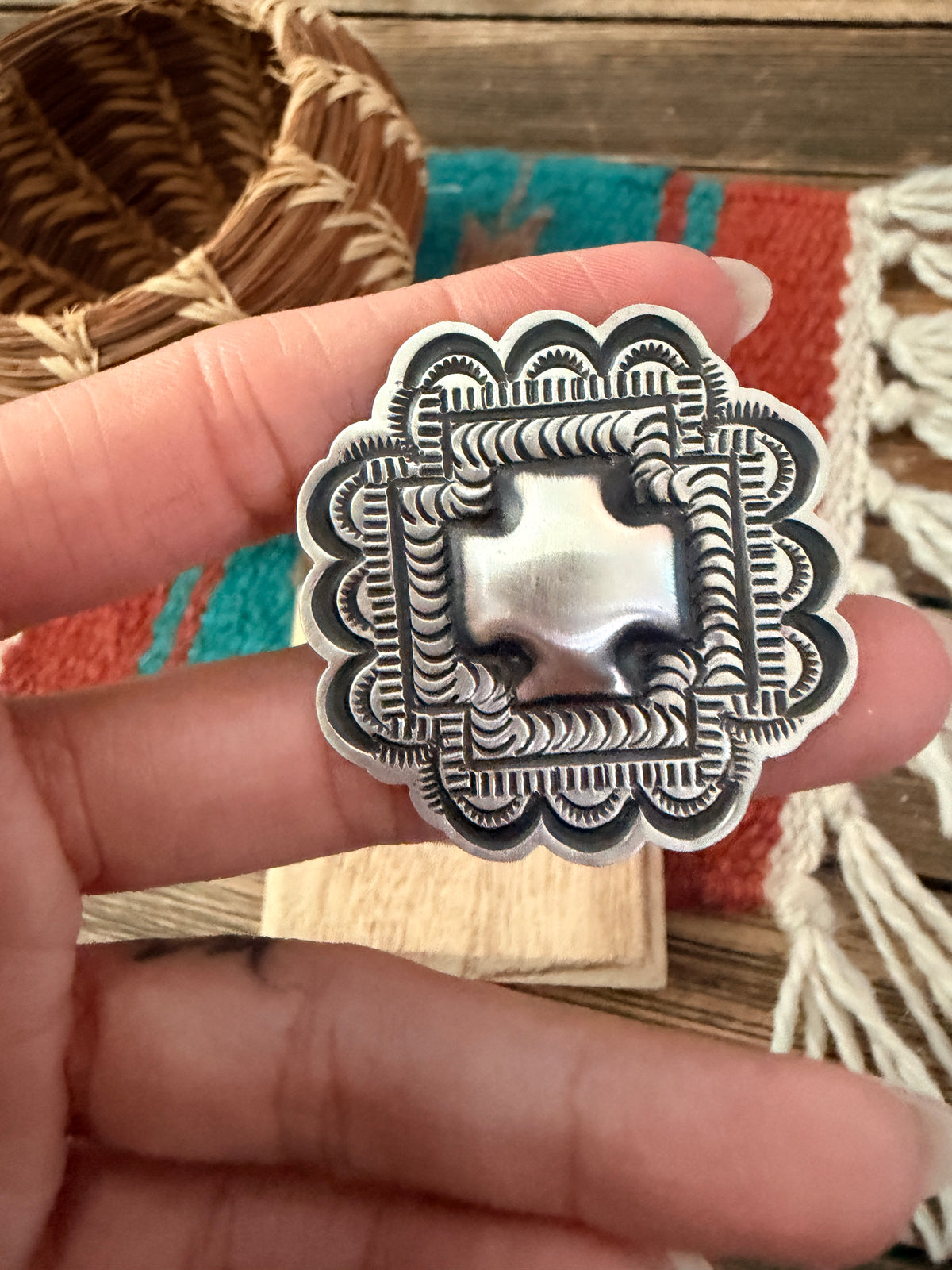 Handcrafted Sterling Silver Adjustable Concho Ring by Leander Tahe