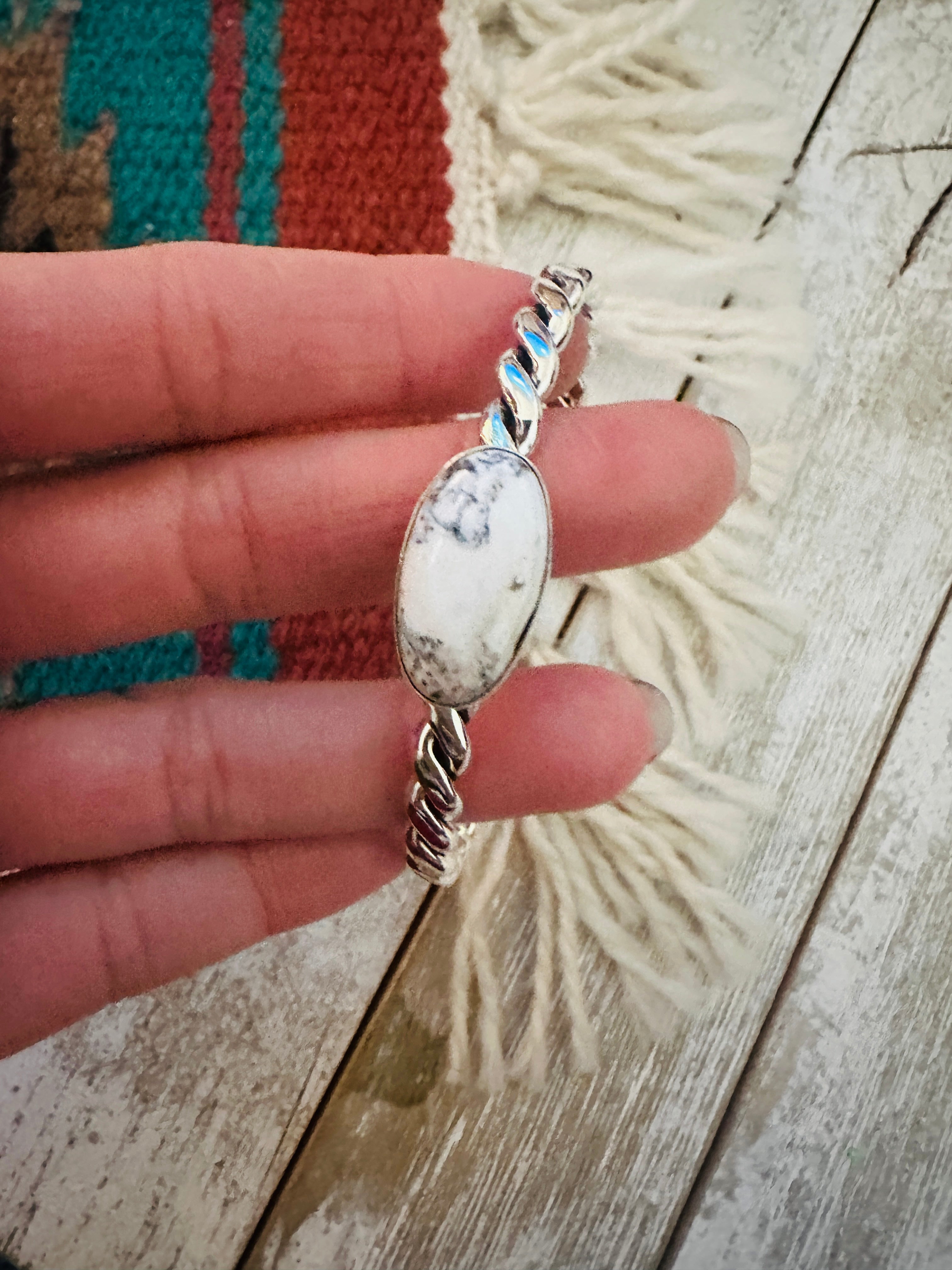 Handcrafted White Buffalo & Twisted Sterling Silver Cuff Bracelet