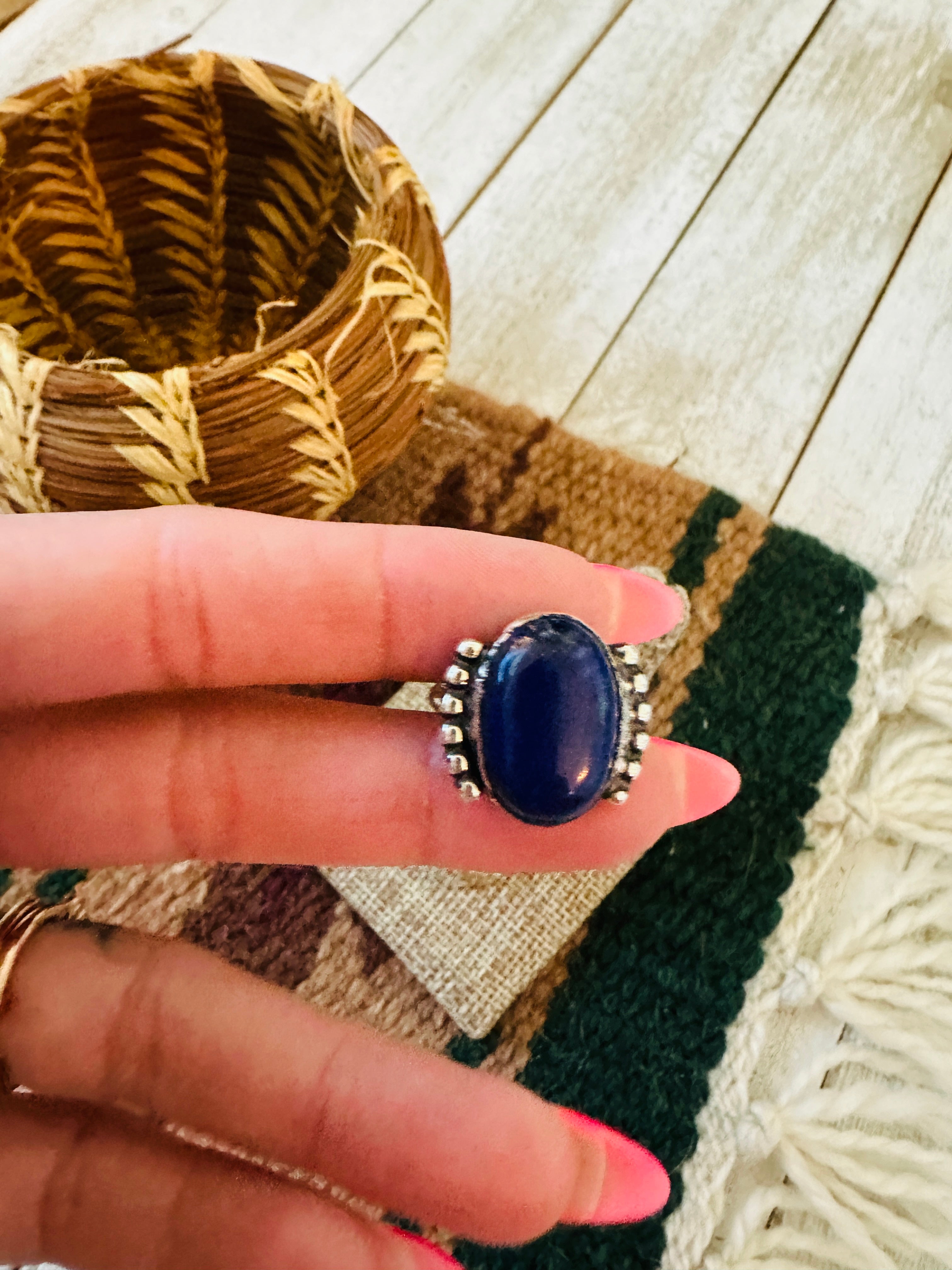 Handcrafted Old Pawn Sterling Silver & Lapis Ring Size 6.5