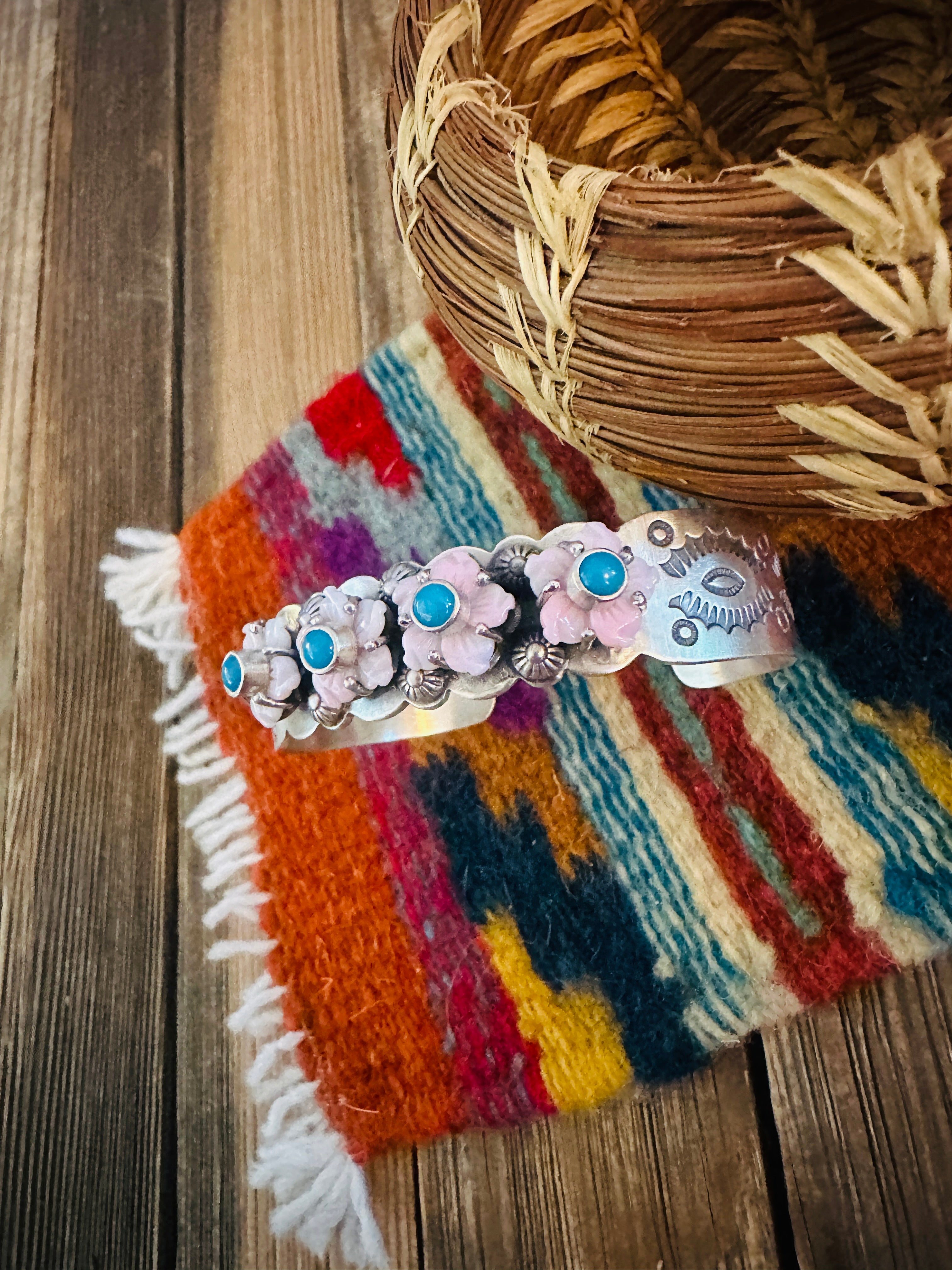 Handcrafted Queen Pink Conch, Turquoise & Sterling Silver Flower Cuff Bracelet