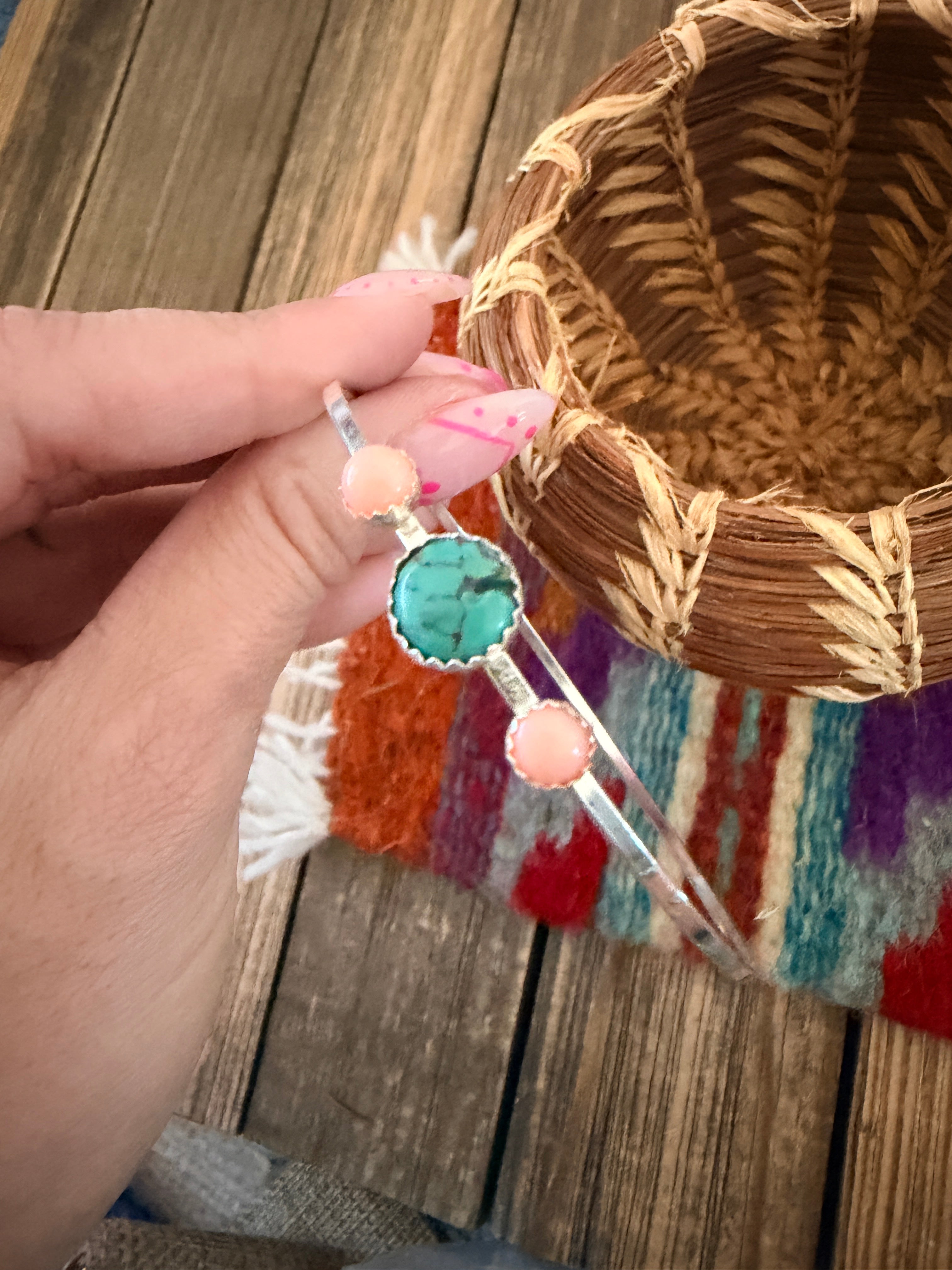 Handmade Queen Pink Conch, Turquoise & Sterling Silver Bangle Bracelet