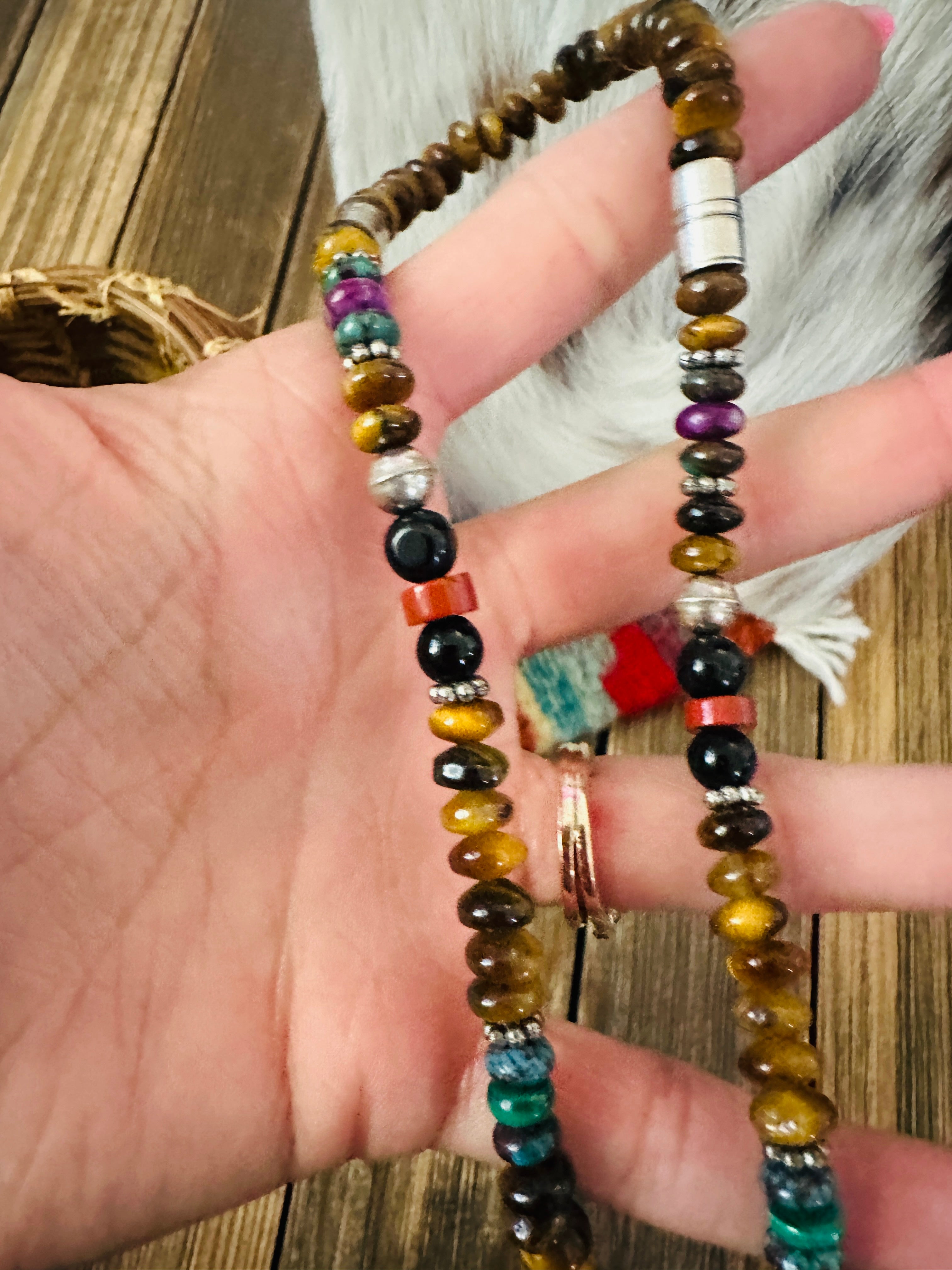 Handcrafted Multi Stone & Sterling Silver Beaded 16” Necklace by T & R Singer