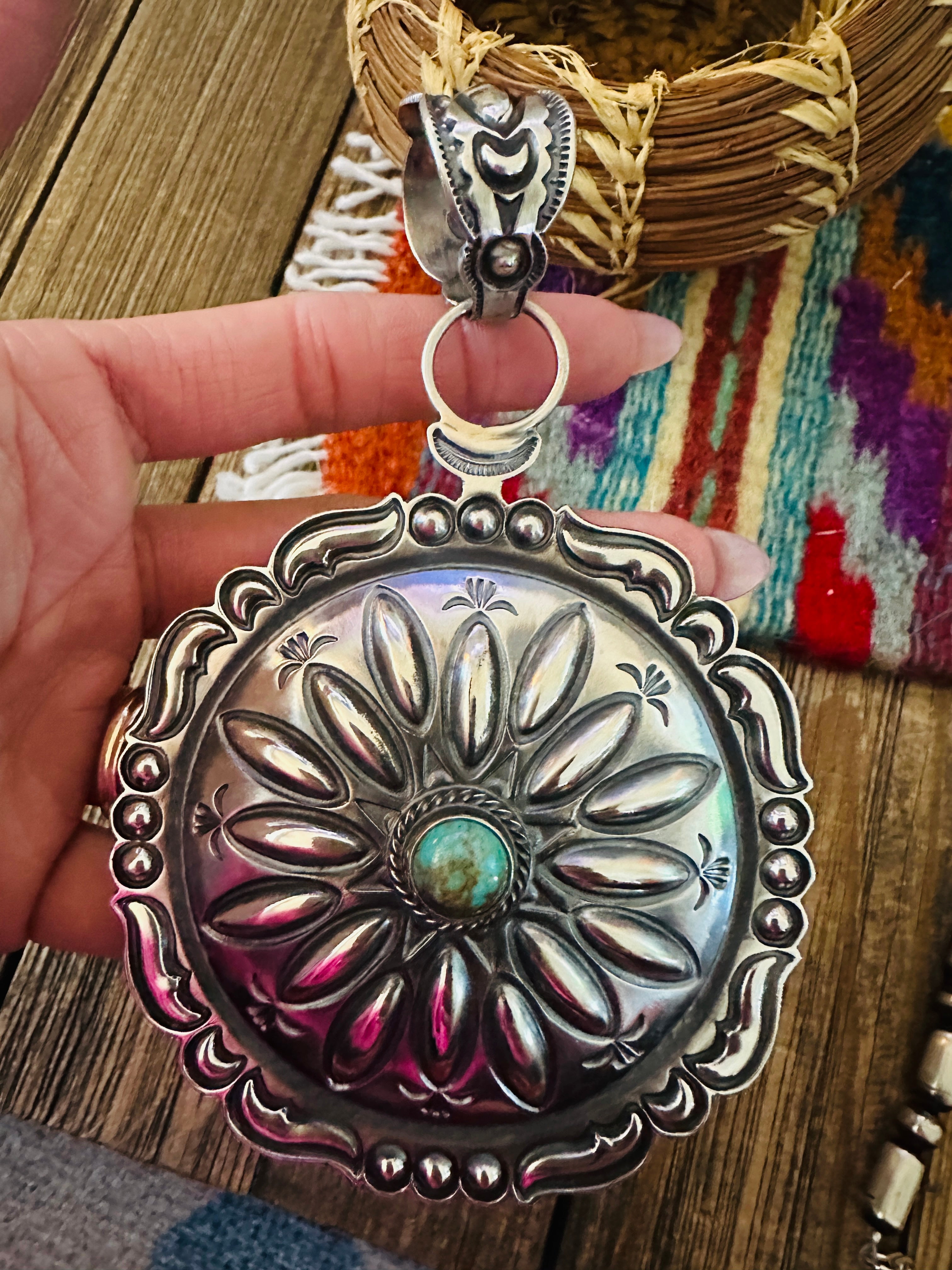 Handcrafted Turquoise & Sterling Silver Concho Pendant by Roland Dixson