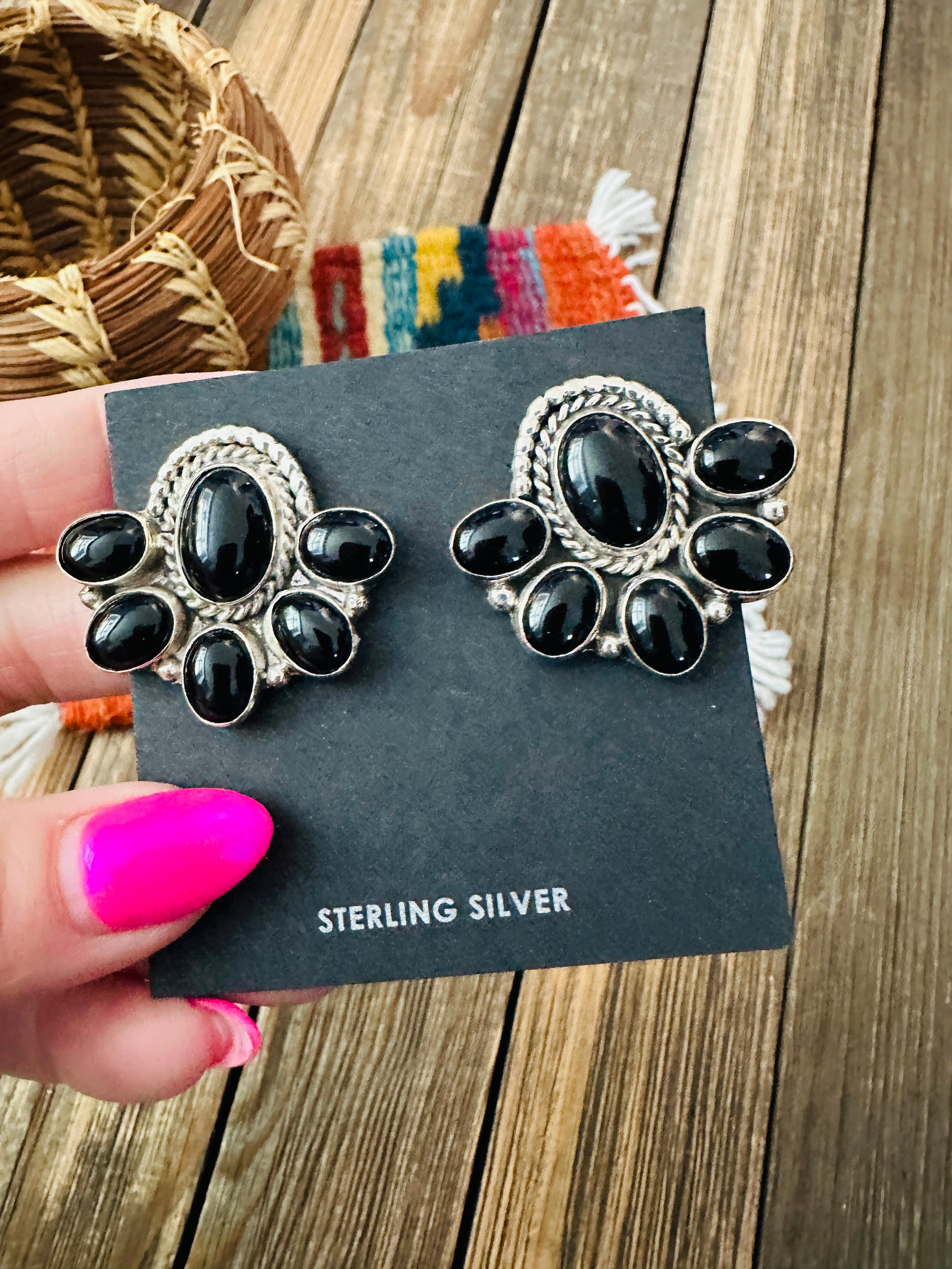 Handcrafted Onyx & Sterling Silver Cluster Cluster Post Earrings