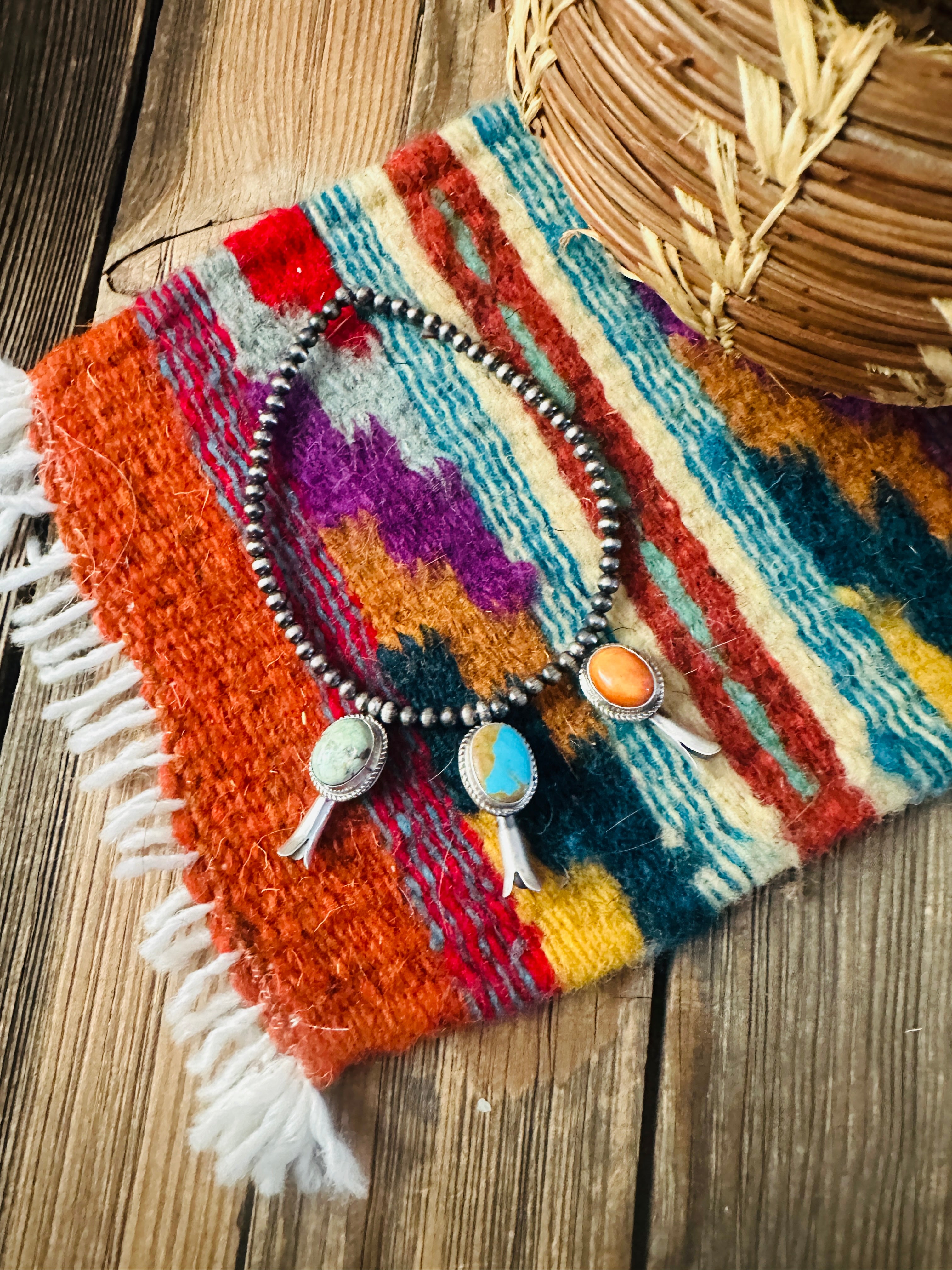 Handcrafted 3mm Sterling Silver Pearl, Turquoise & Spiny Oyster Blossom Stretch Bracelet