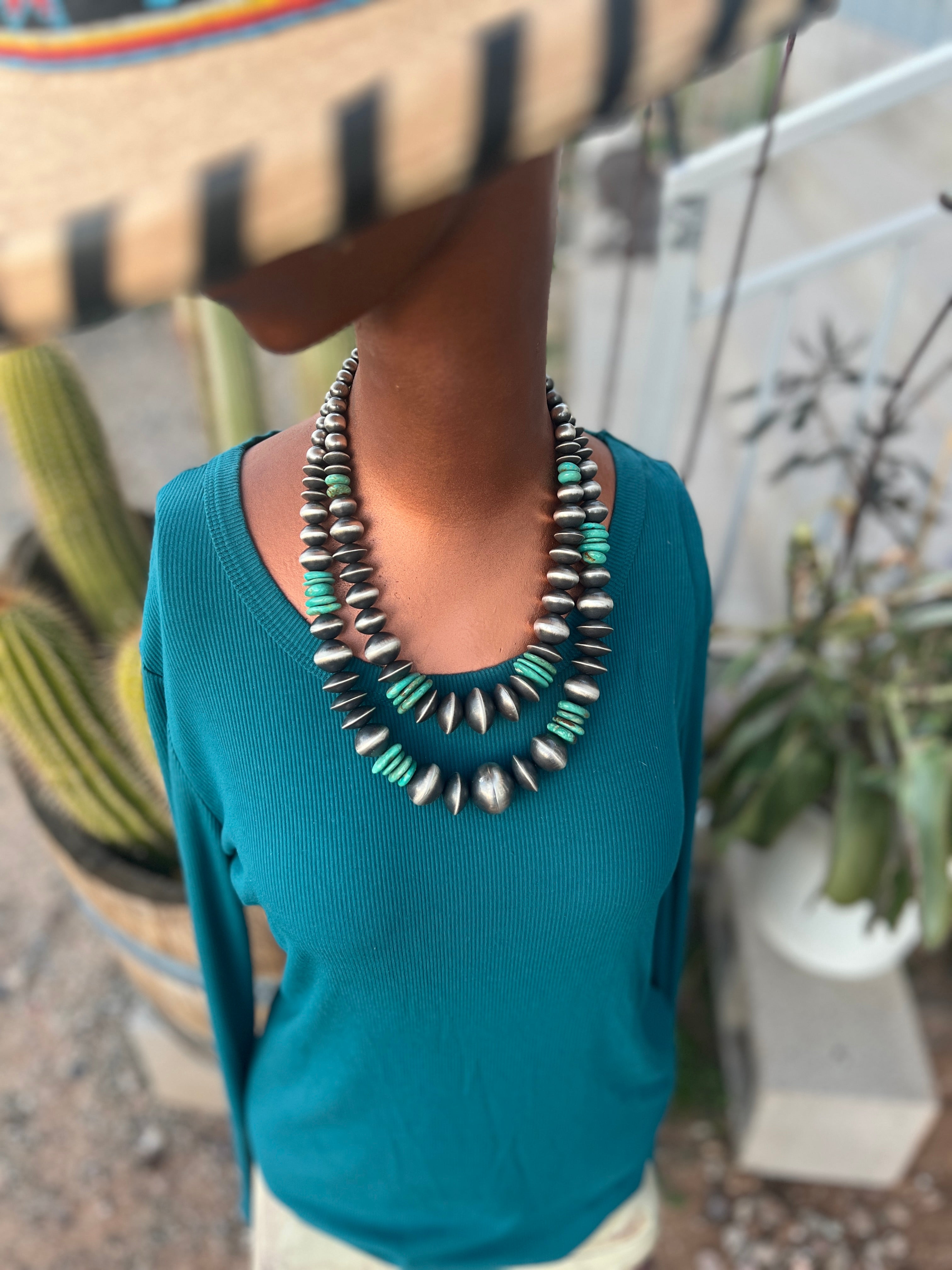 Handcrafted Chunky Sterling Silver and Kingman Turquoise Beaded Necklace by Rose Martin, 19 and 22 inches