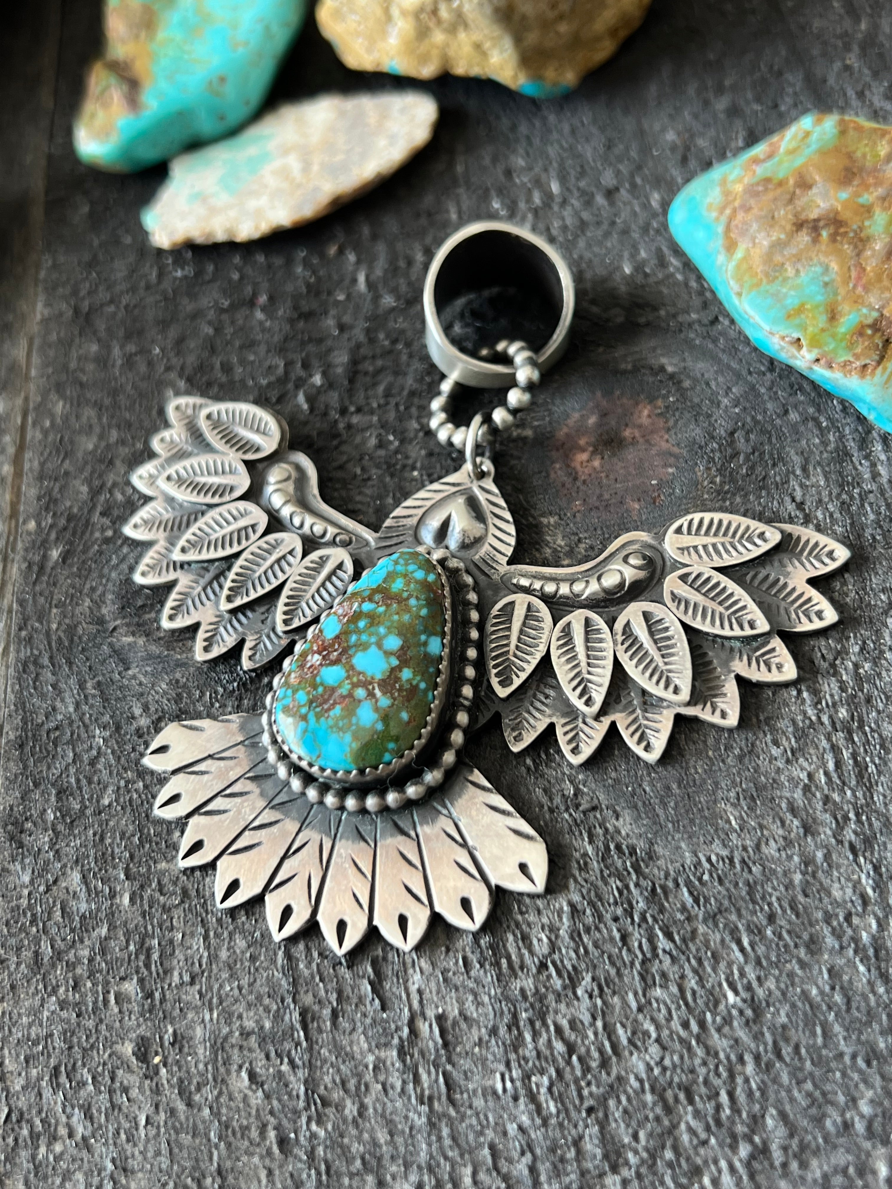 Handcrafted Sterling Silver and Polychrome Kingman Turquoise Eagle Pendant by Derrick Cadman