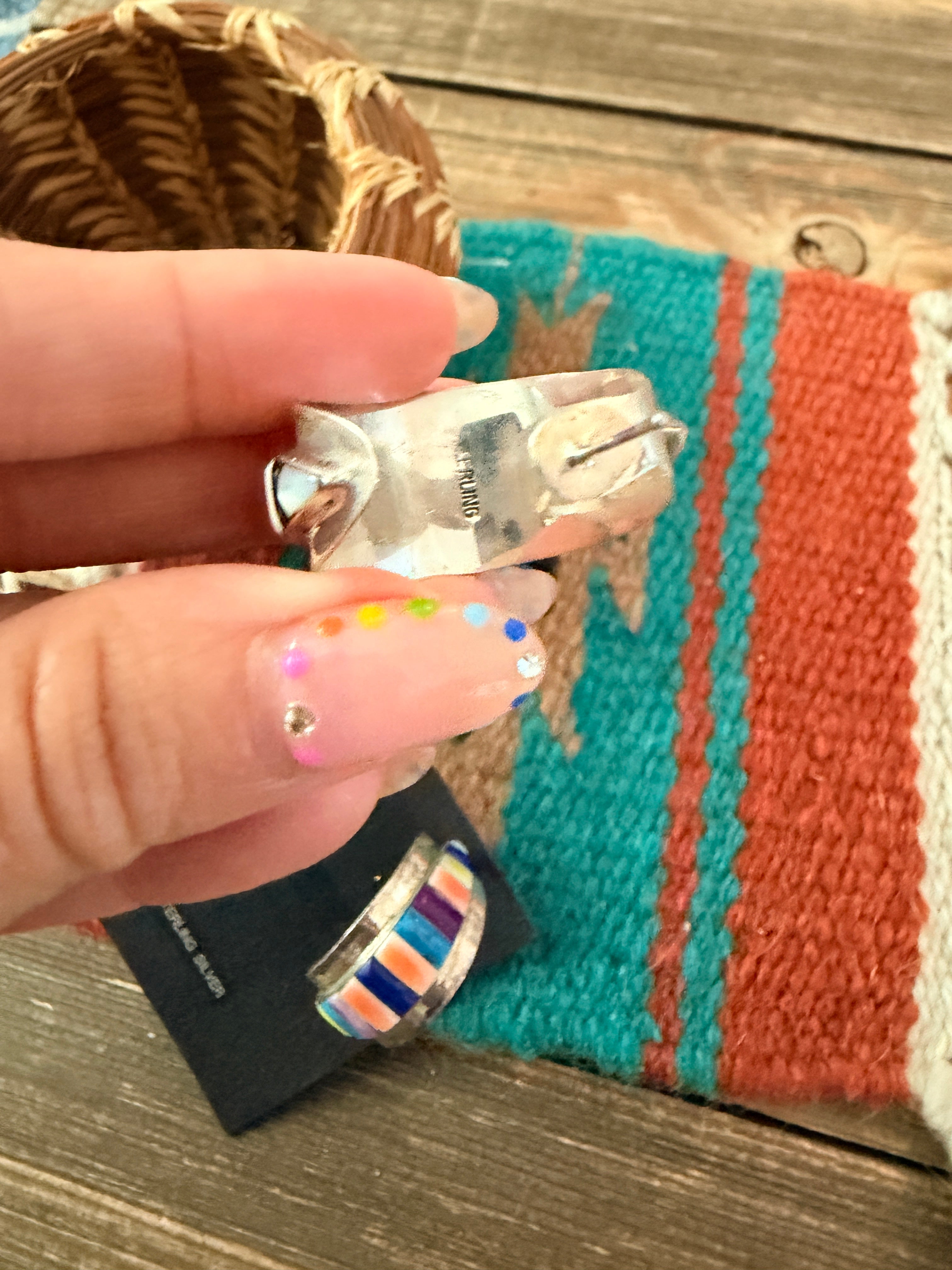 Old Pawn Handcrafted Sterling Silver & Multi Stone Inlay Hoop Earrings