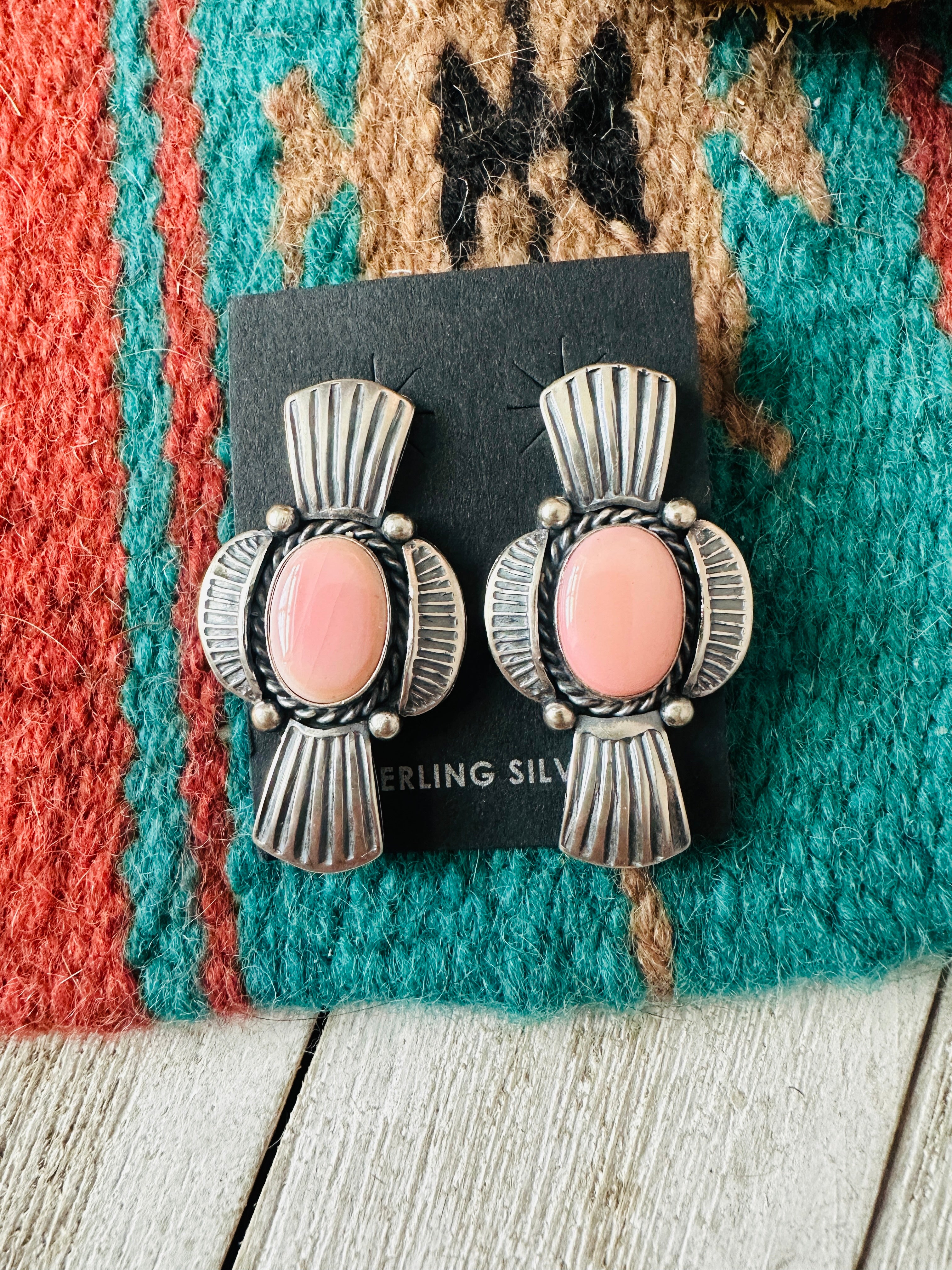 Navajo Sterling Silver & Queen Pink Conch Post Earrings