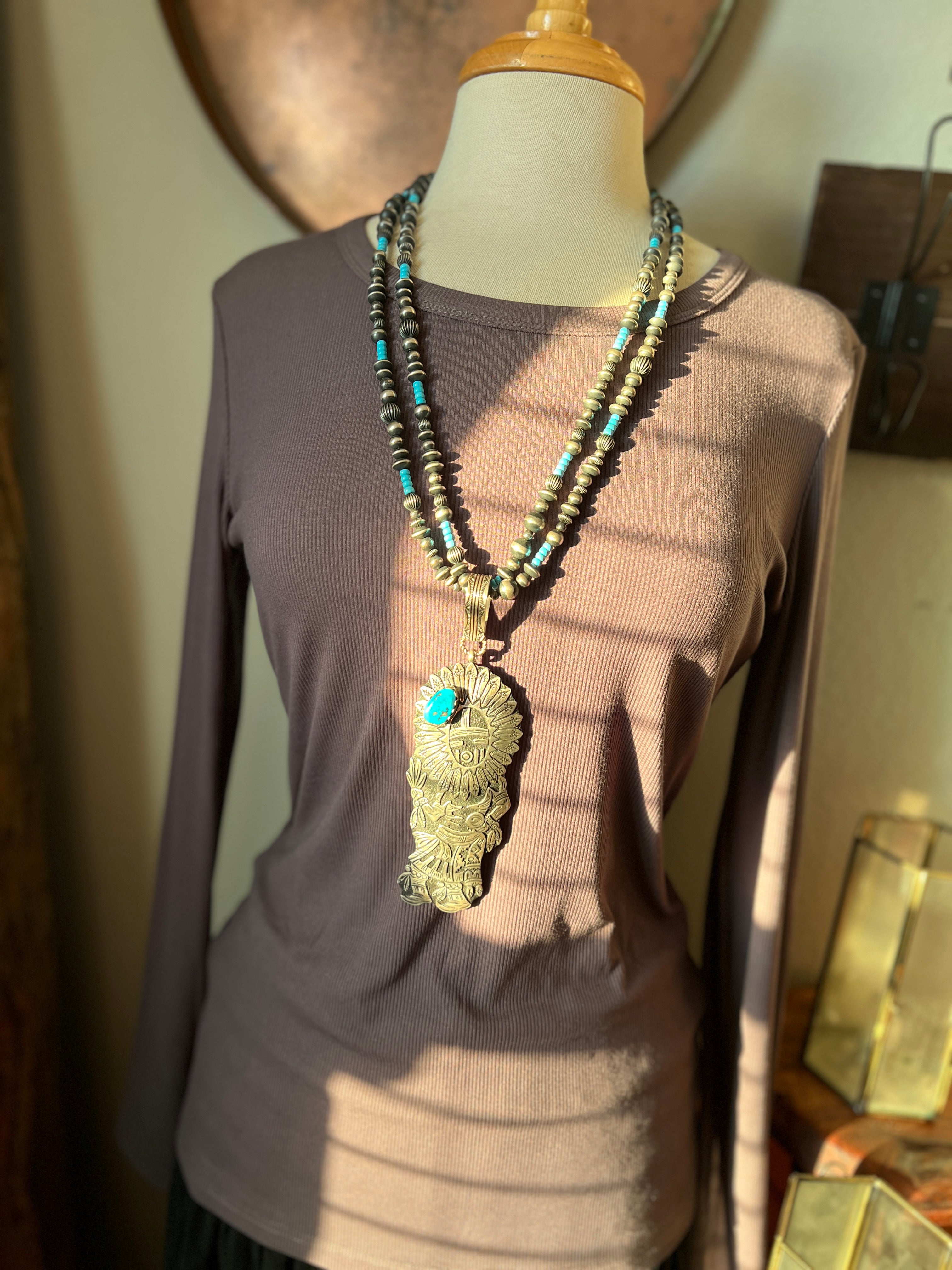 Richard Singer Sterling Silver Sun Dancer Kachina Pendant with Sleeping Beauty Turquoise