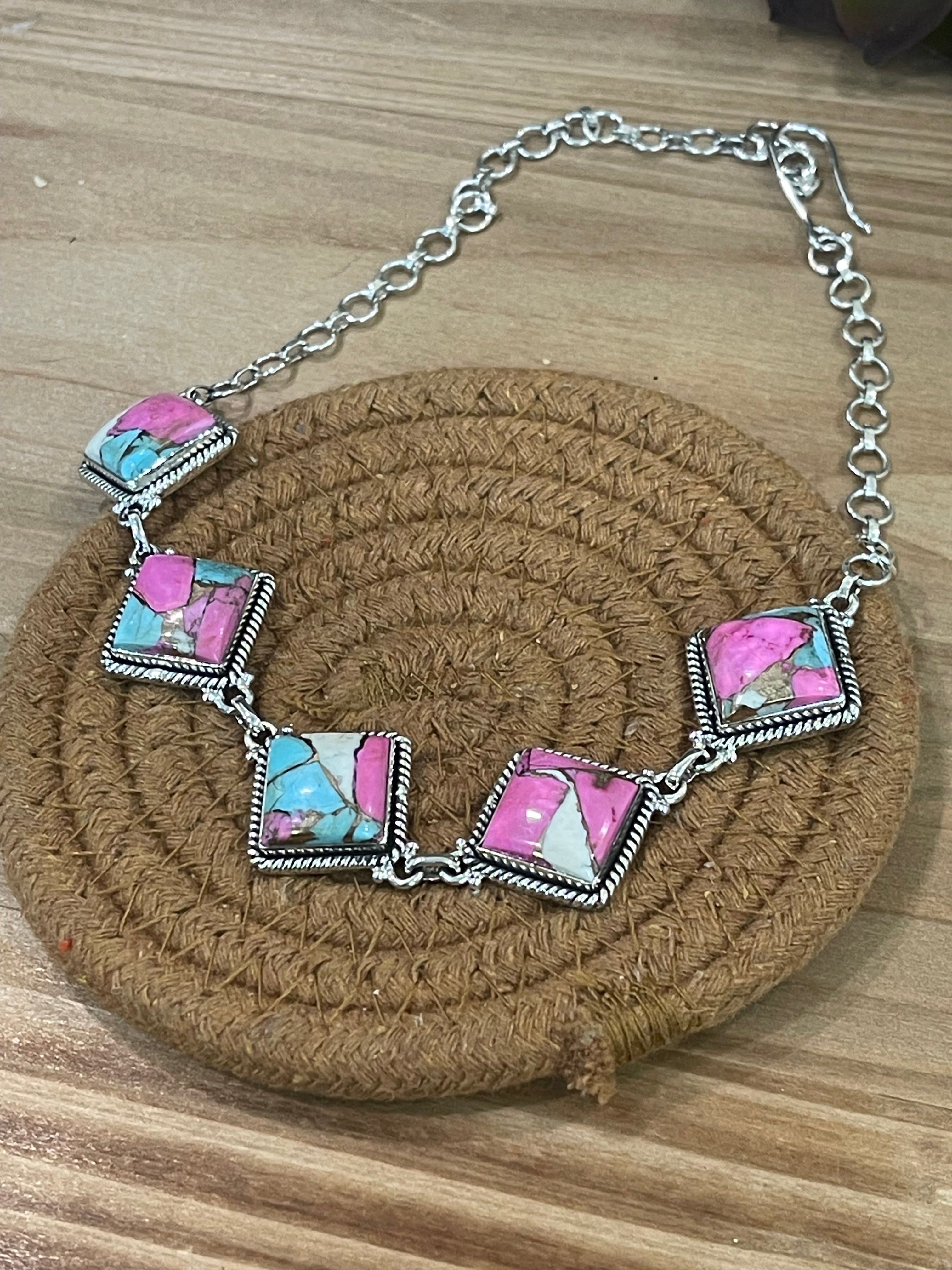 Handmade Sterling Silver Cotton Candy Turquoise Necklace with Signed Nizhoni