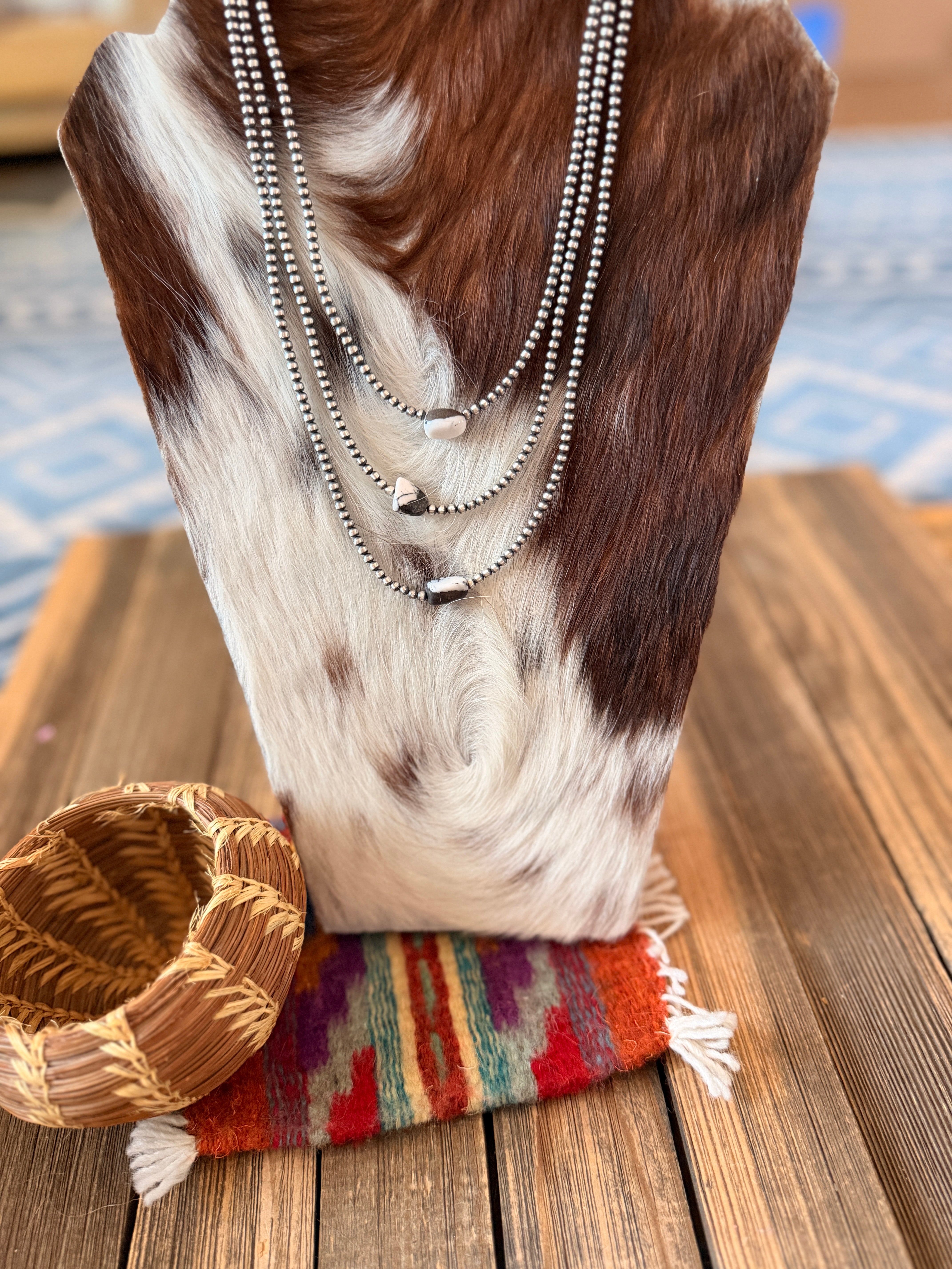 Handcrafted White Buffalo & 3mm Sterling Silver Pearl Beaded Necklace