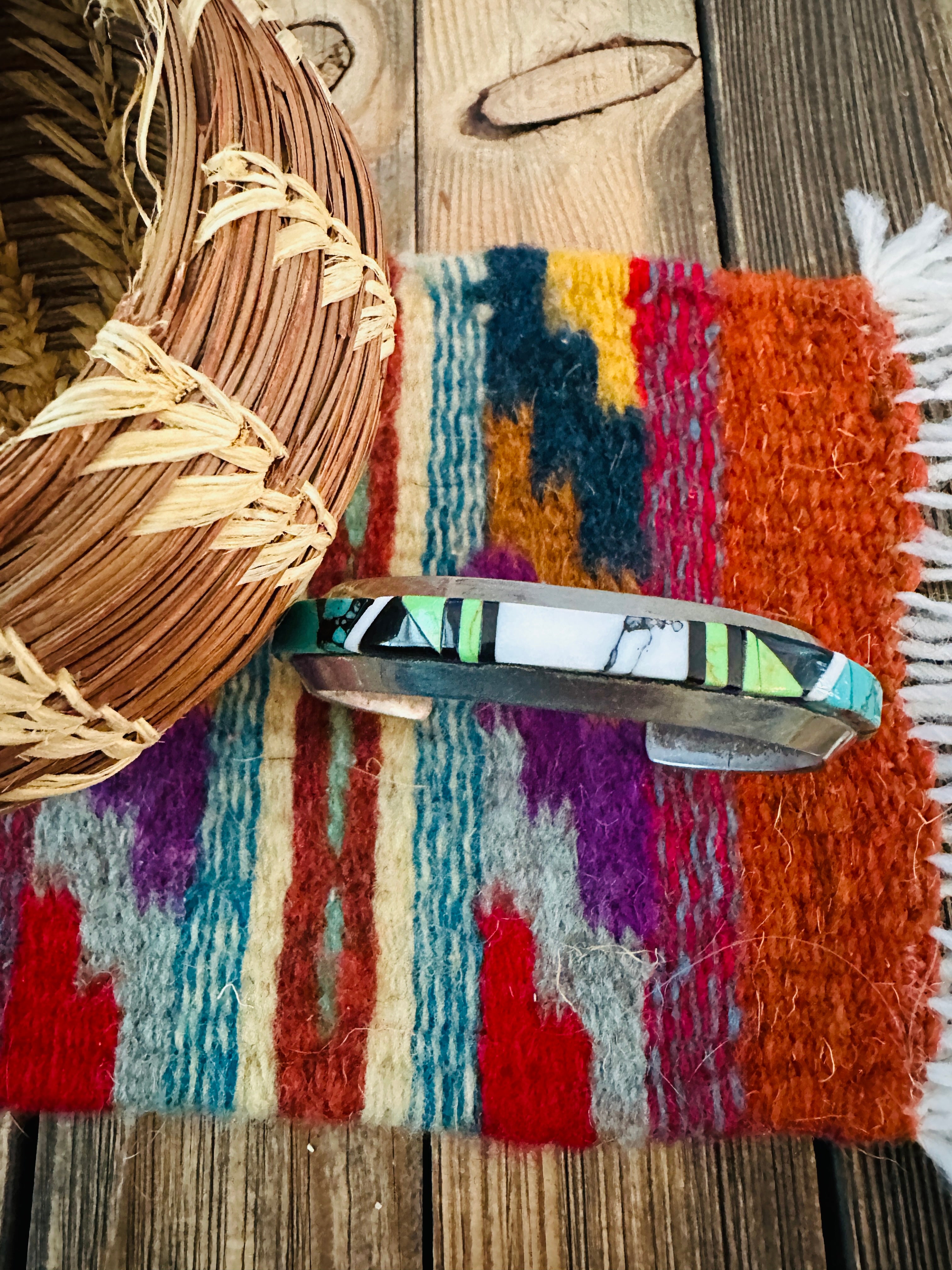 Handcrafted Old Pawn Sterling Silver & Multi Stone Inlay Cuff Bracelet