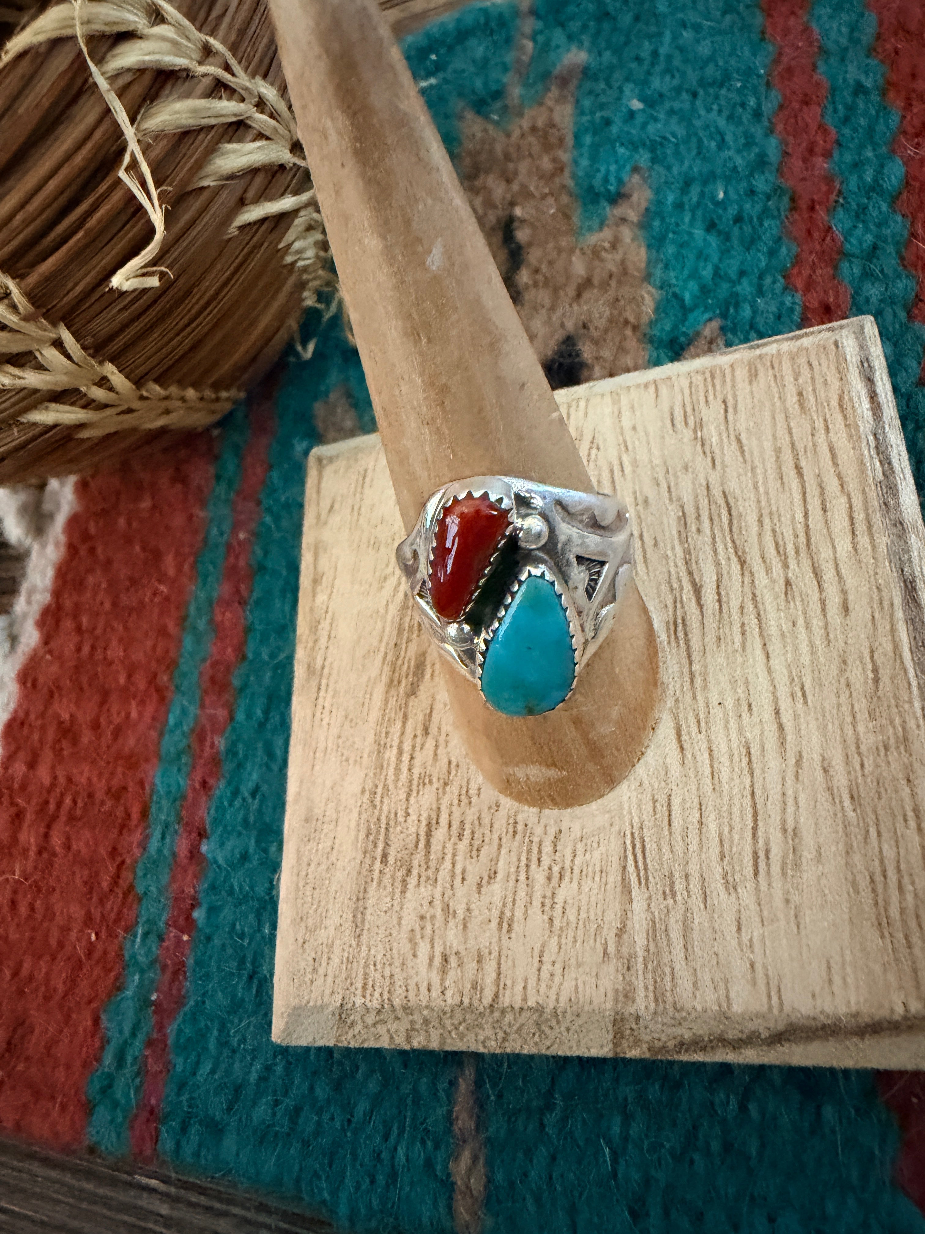 Handcrafted Turquoise, Coral & Sterling Silver Ring Size 8.25
